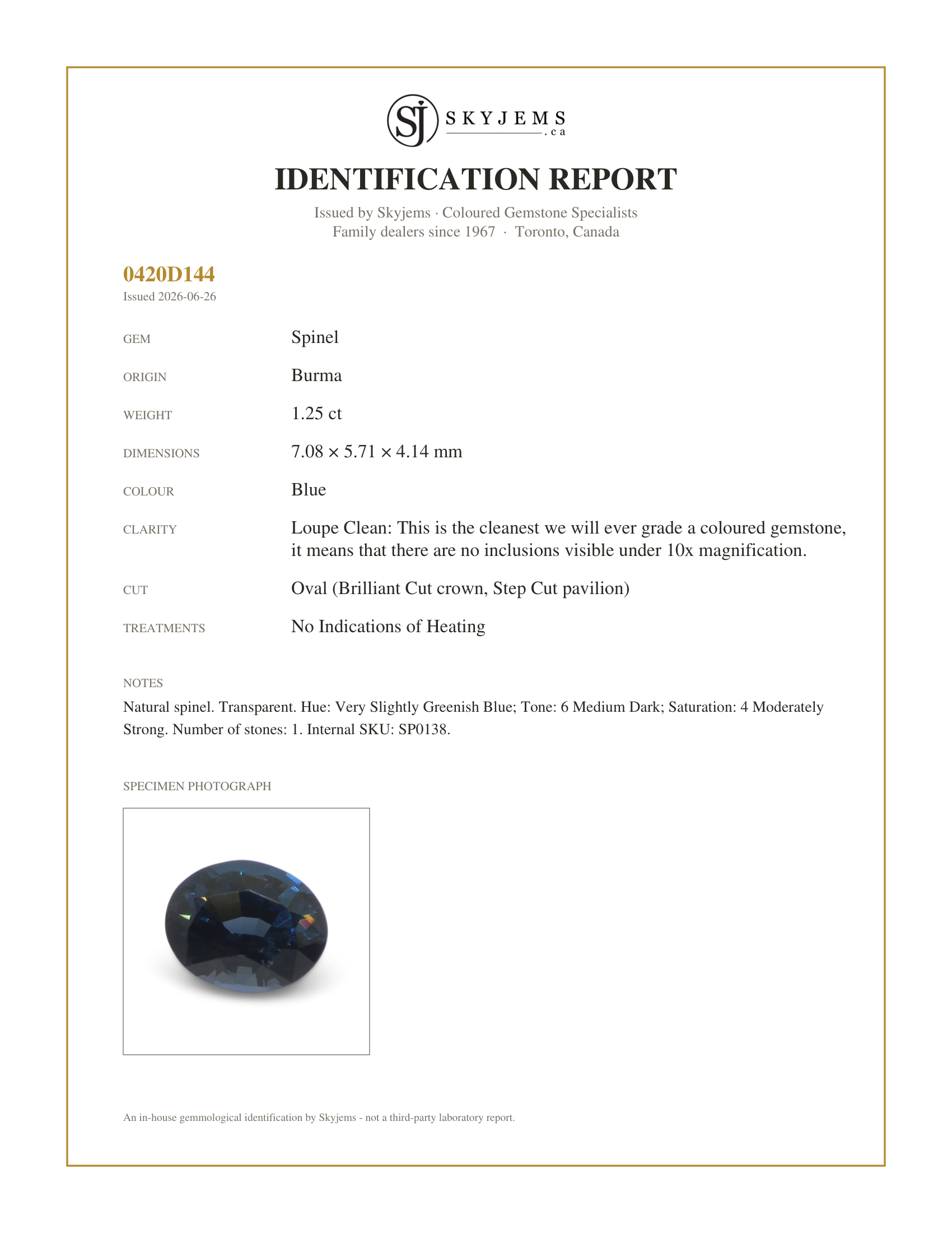 Skyjems Identification Report for SP0138 — 1.25ct Oval Blue Spinel from Burma