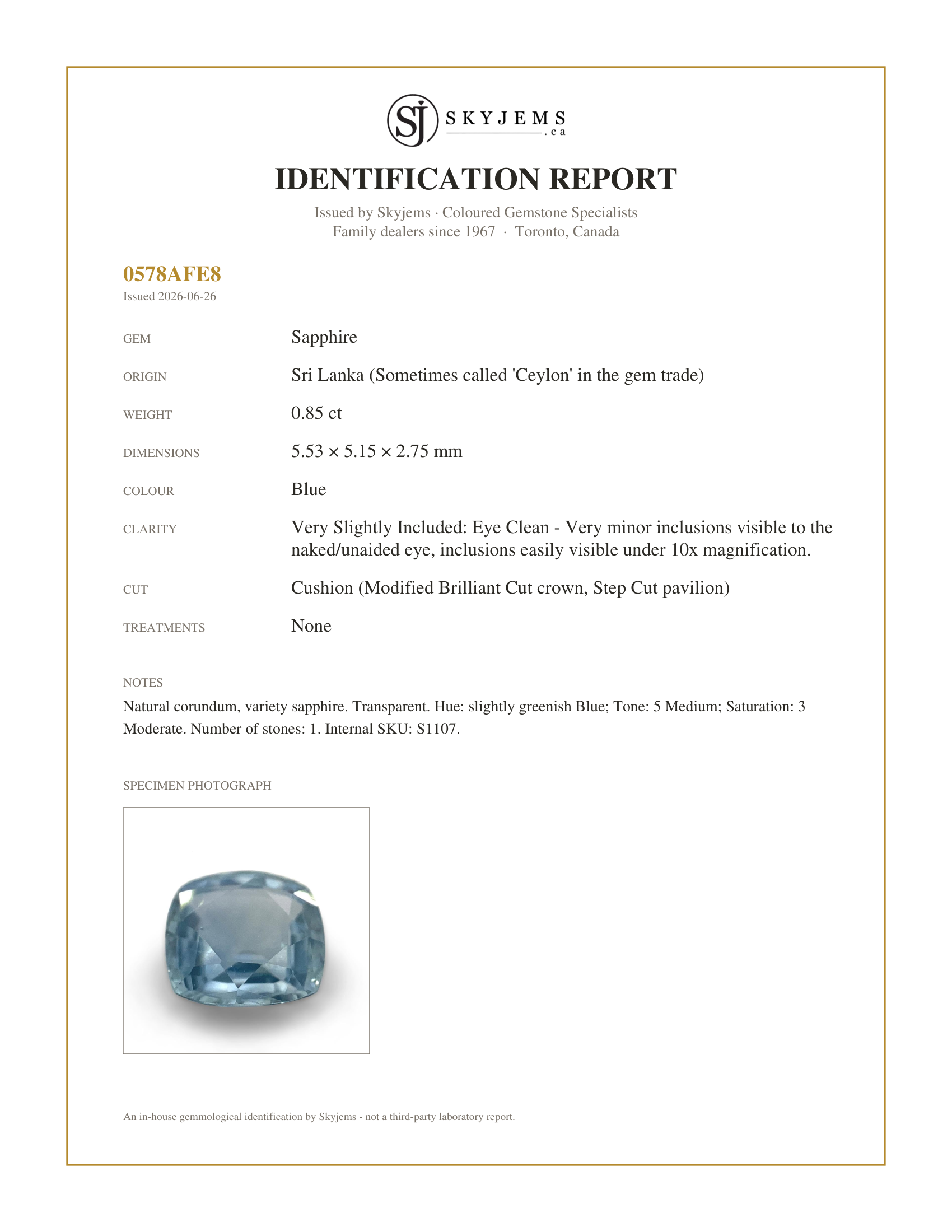 Skyjems Identification Report for S1107 — 0.85ct Cushion Gunmetal Blue Sapphire from Sri Lanka Unheated