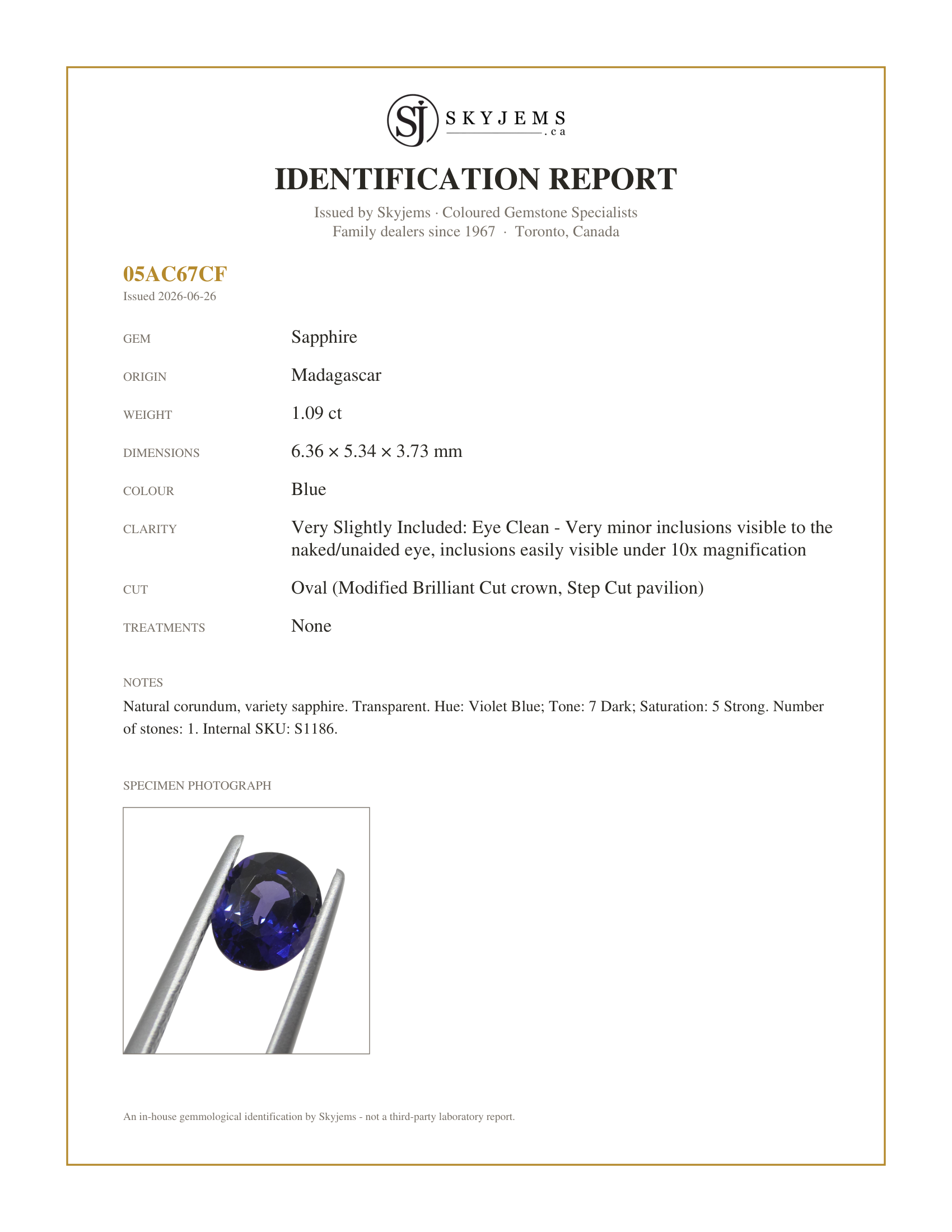 Skyjems Identification Report for S1186 — 1.09ct Oval Violet Blue Sapphire from Madagascar Unheated