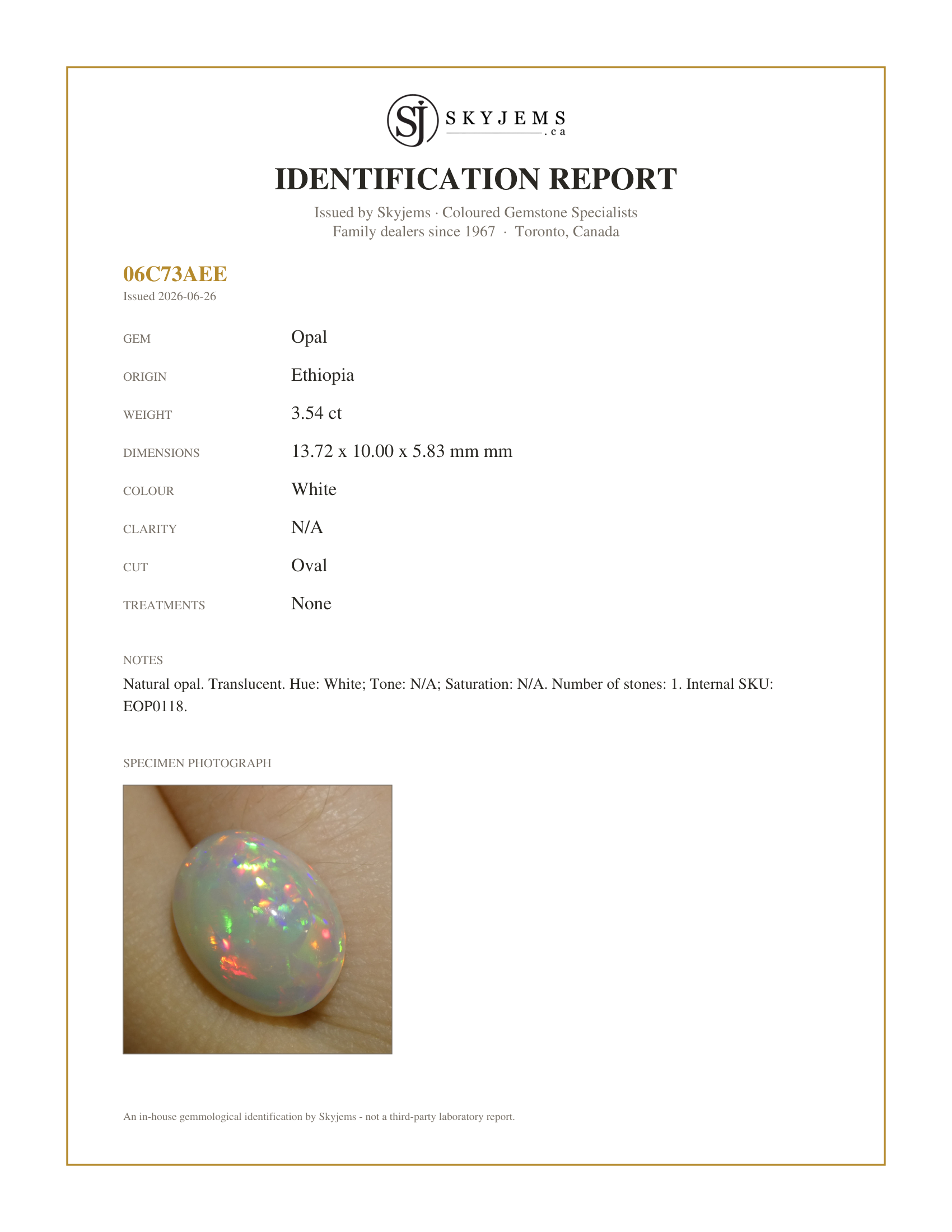 Skyjems Identification Report for EOP0118 — 3.54ct Oval Cabochon White Welo Opal from Ethiopia