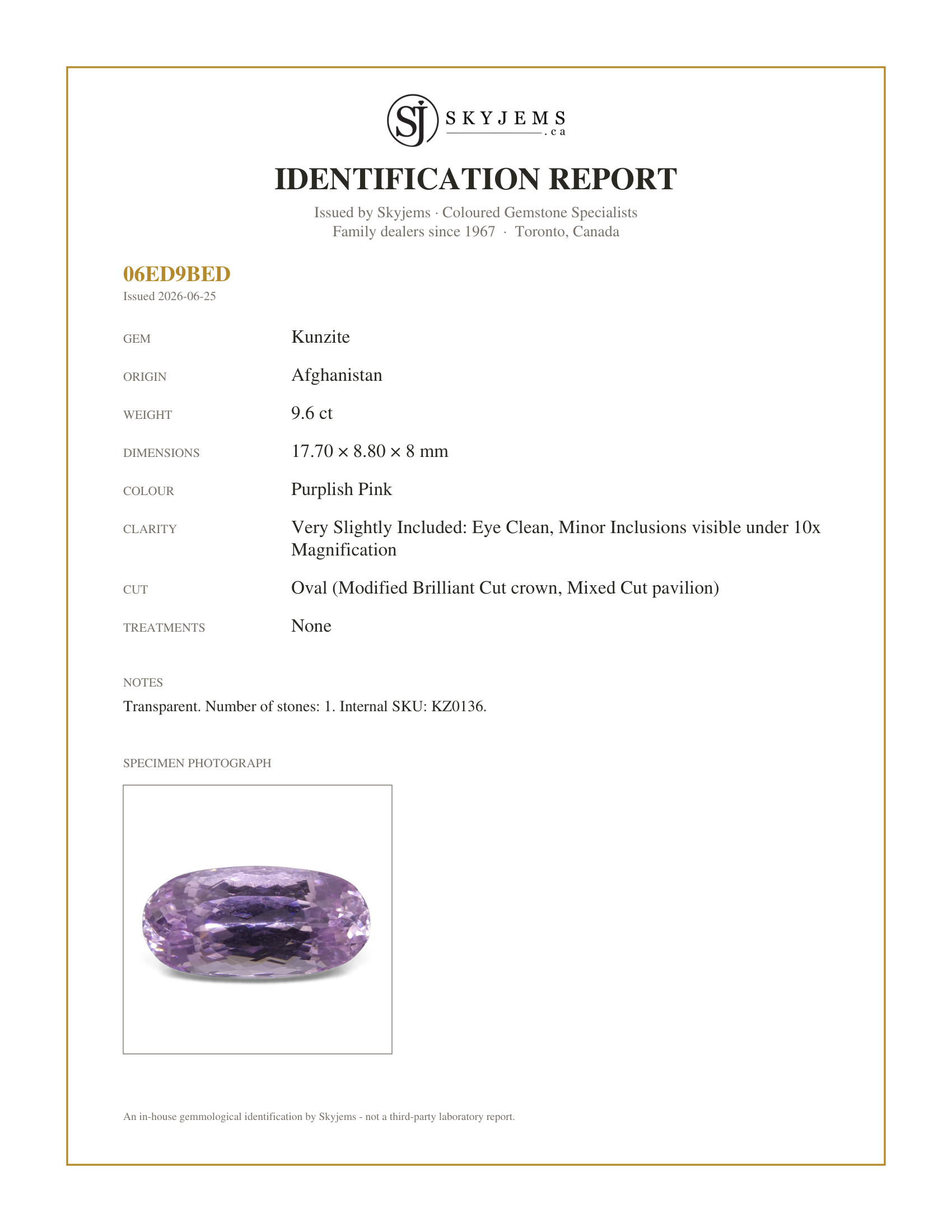 Skyjems Identification Report for KZ0136 — 9.6 ct Oval Kunzite