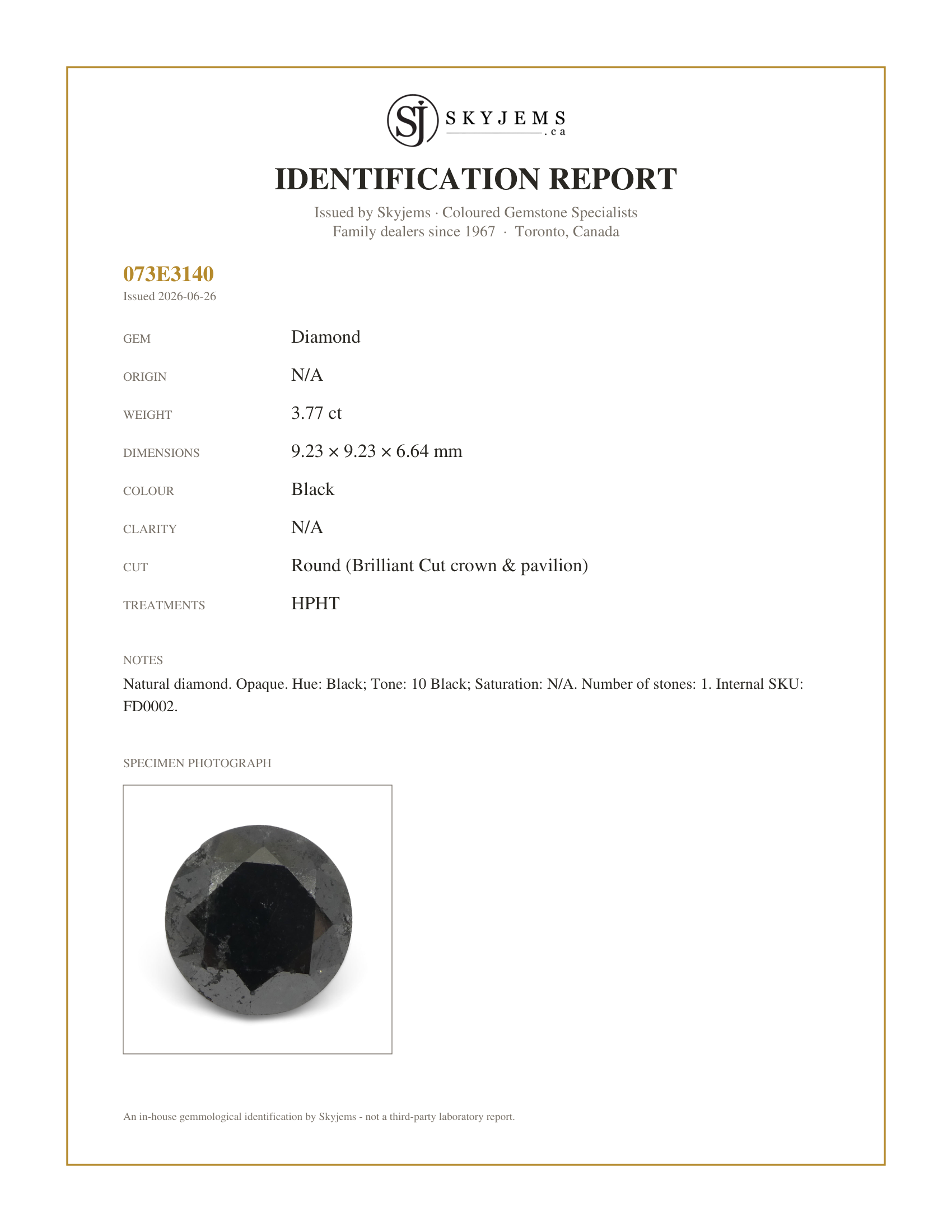 Skyjems Identification Report for FD0002 — 3.77ct Round Brilliant Cut Black Diamond