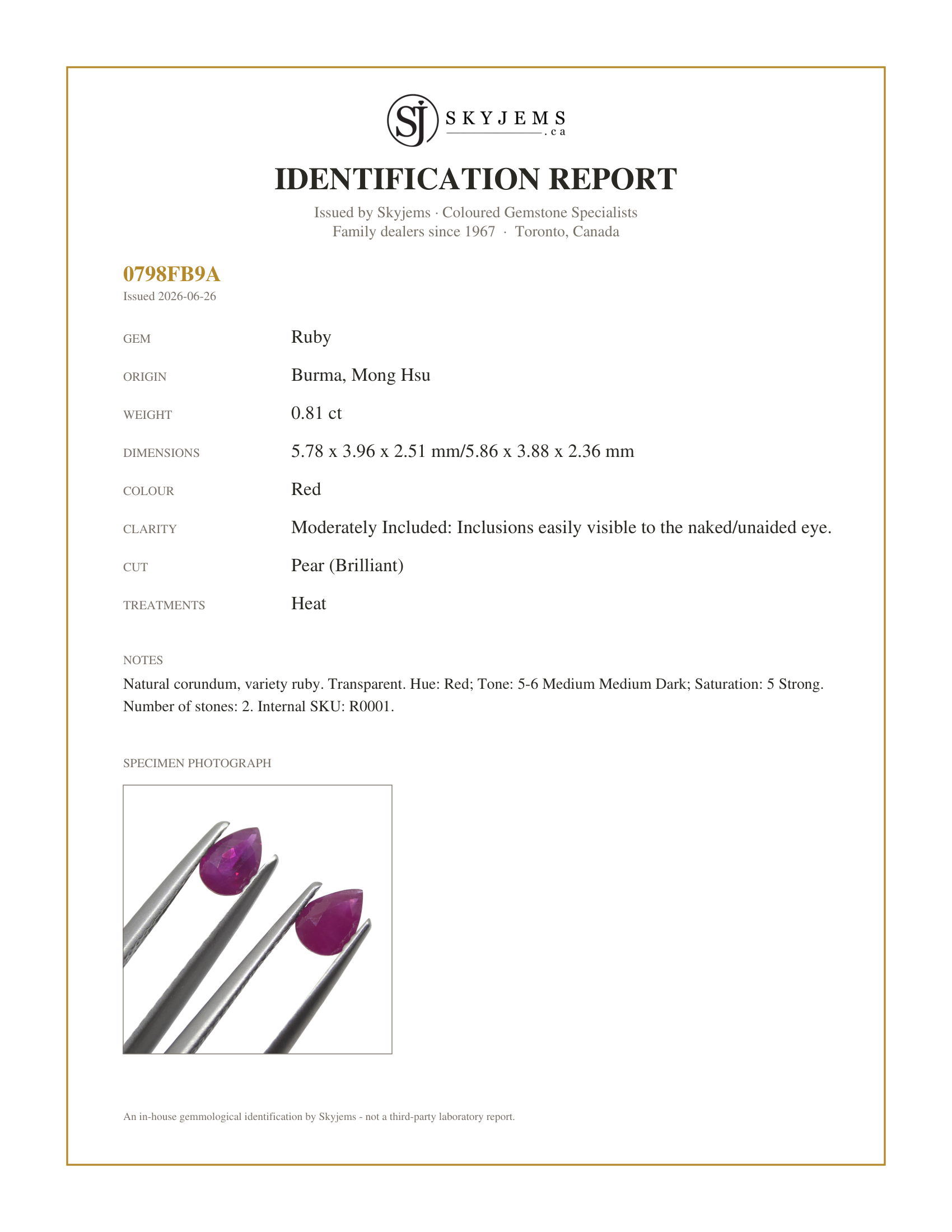 Skyjems Identification Report for R0001 — 0.81ct Pair Pear Red Ruby from Burma, Mong Hsu