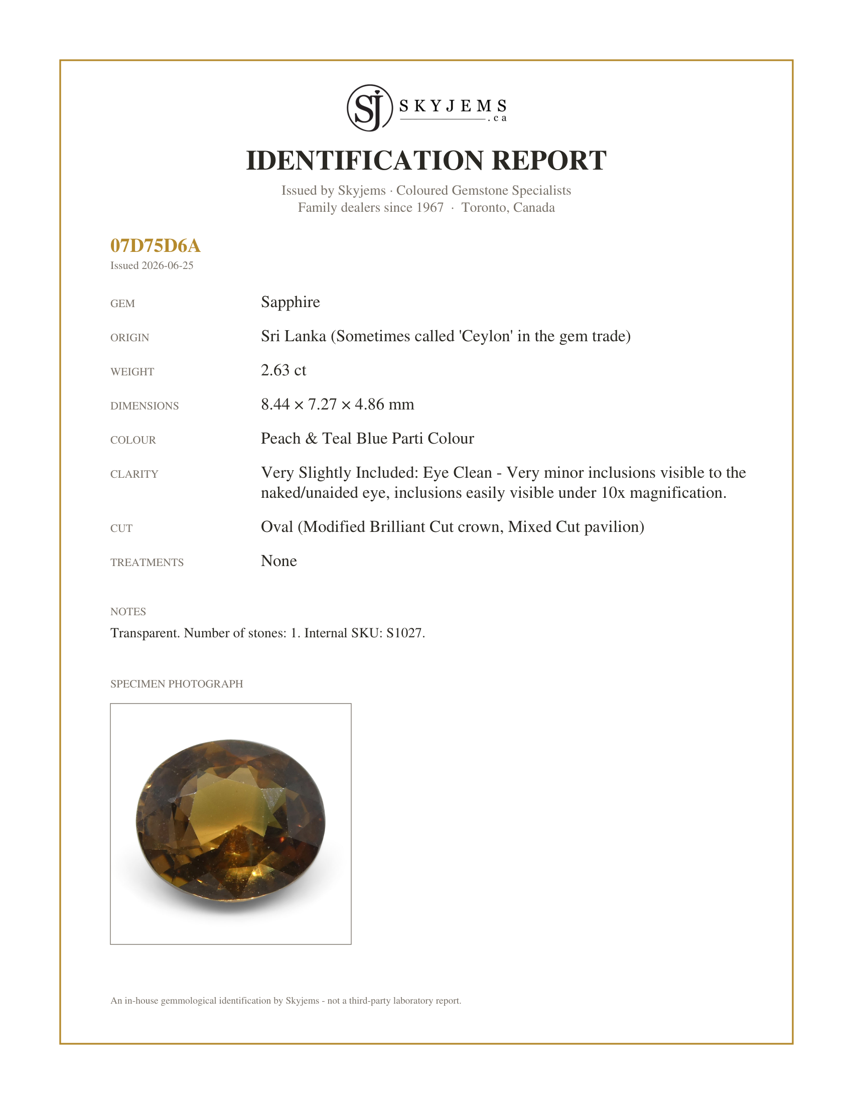 Skyjems Identification Report for S1027 — 2.63ct Oval Peach & Teal Blue Parti Colour Sapphire