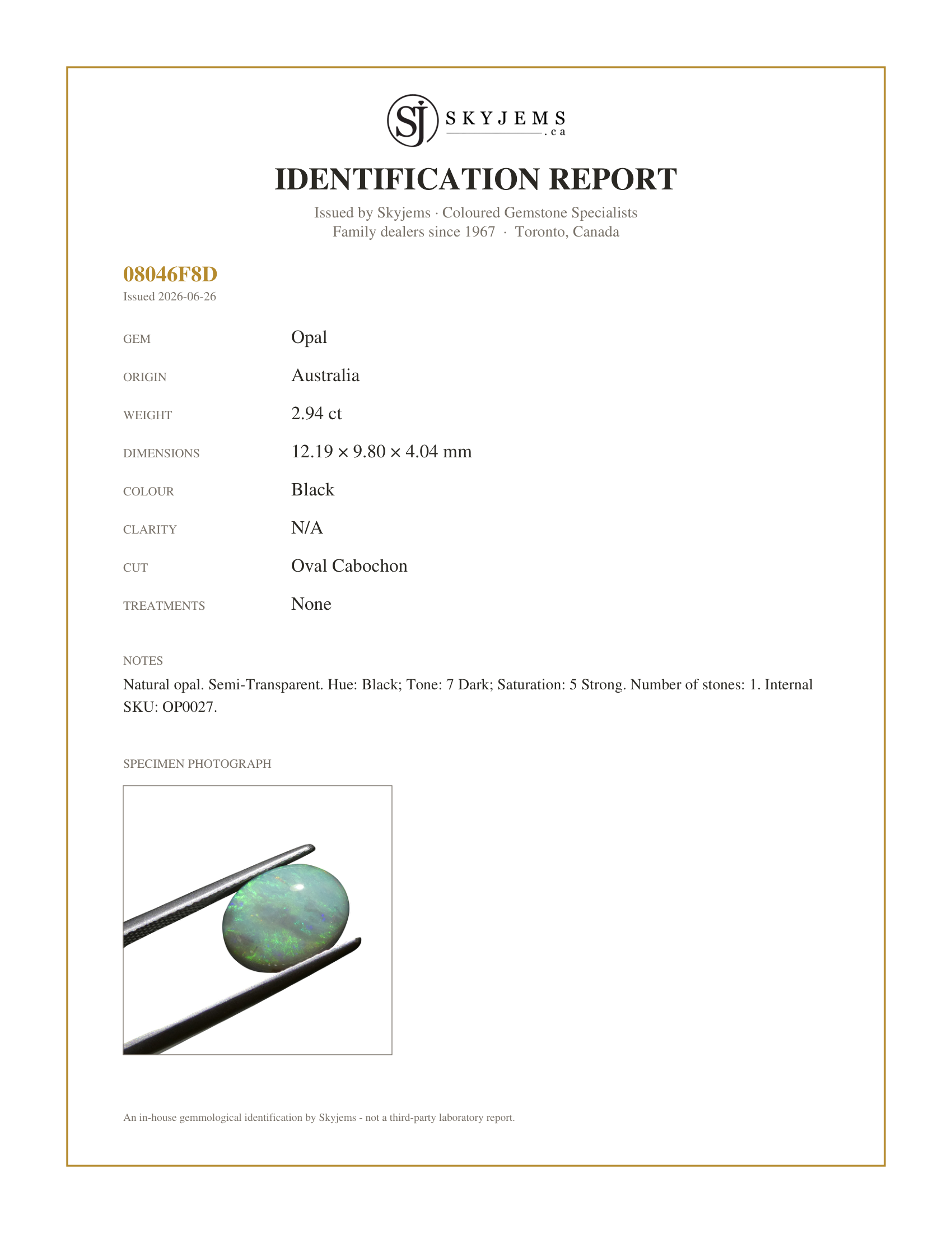 Skyjems Identification Report for OP0027 — 2.94ct Oval Cabochon Black Opal from Australia