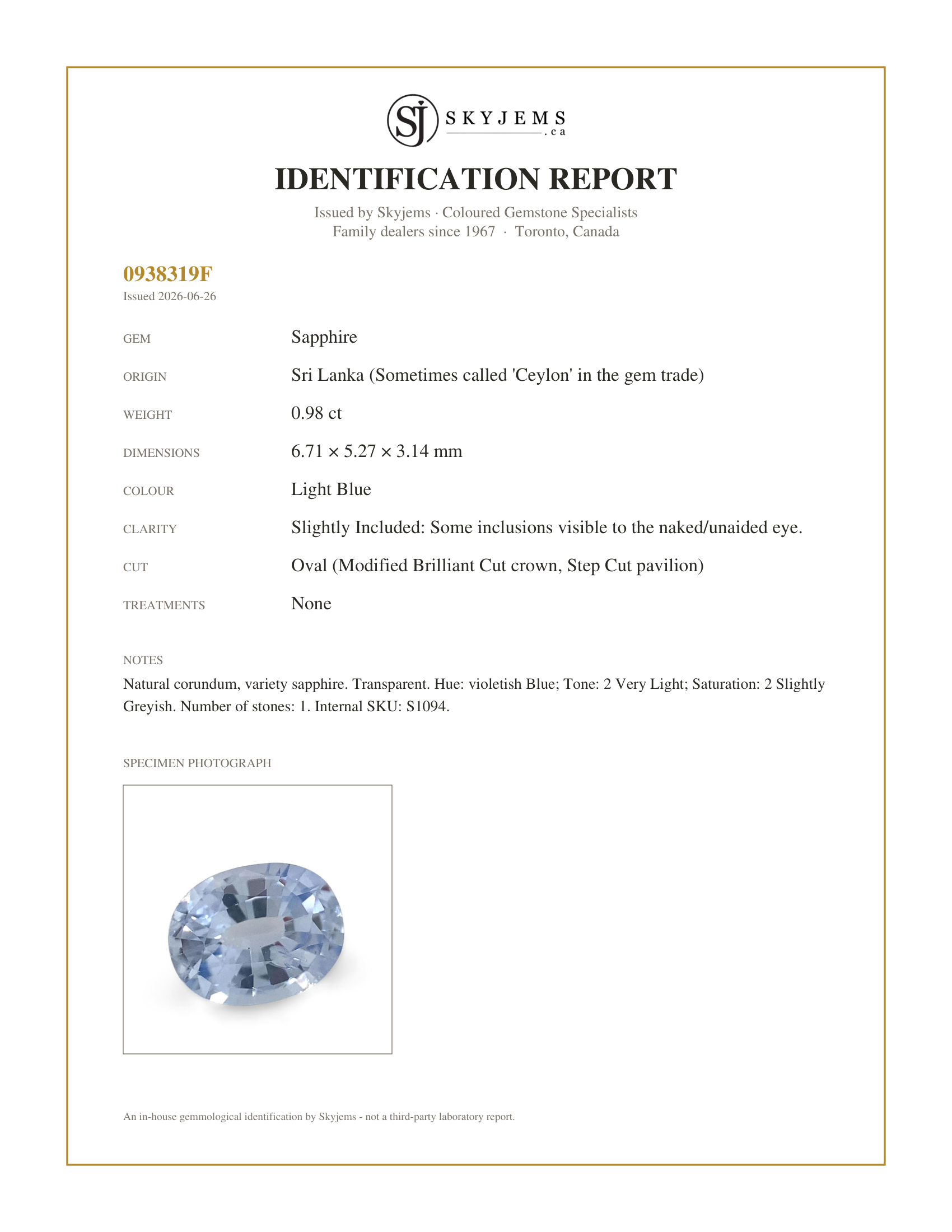 Skyjems Identification Report for S1094 — 0.98ct Oval Icy Blue Sapphire from Sri Lanka Unheated