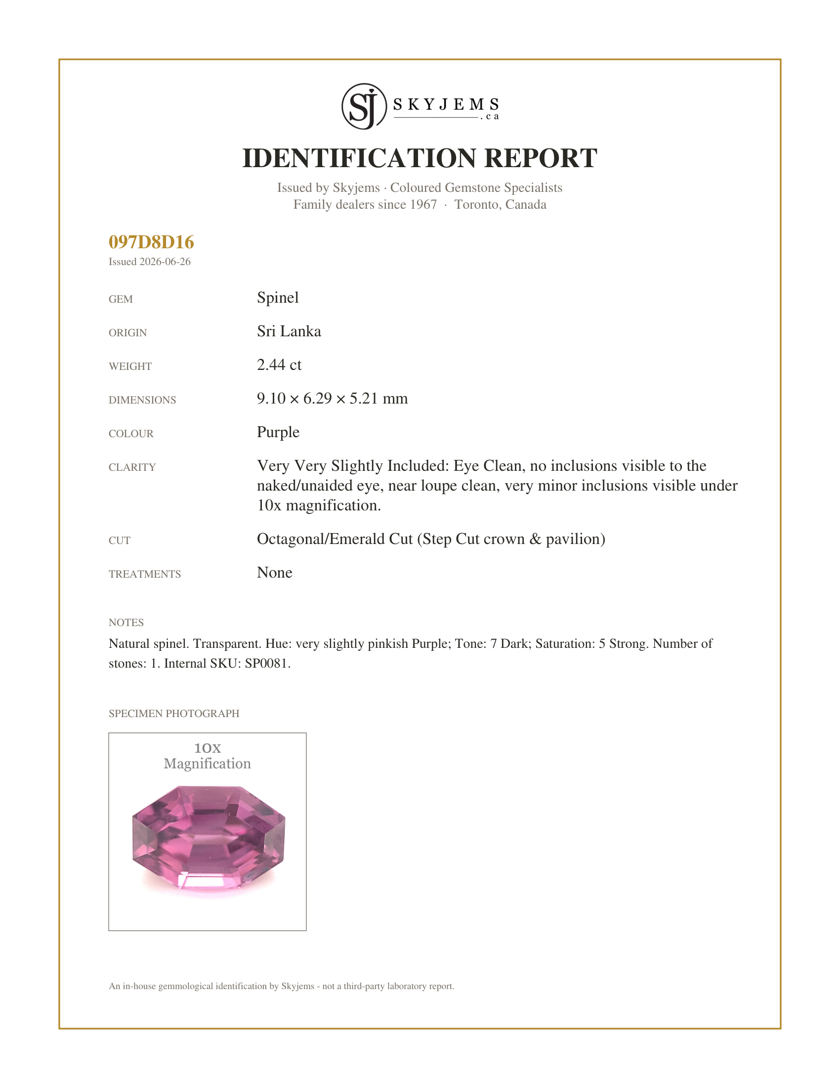 Skyjems Identification Report for SP0081 — 2.44ct Octagonal/Emerald Cut Purple Spinel from Sri Lanka Unheated