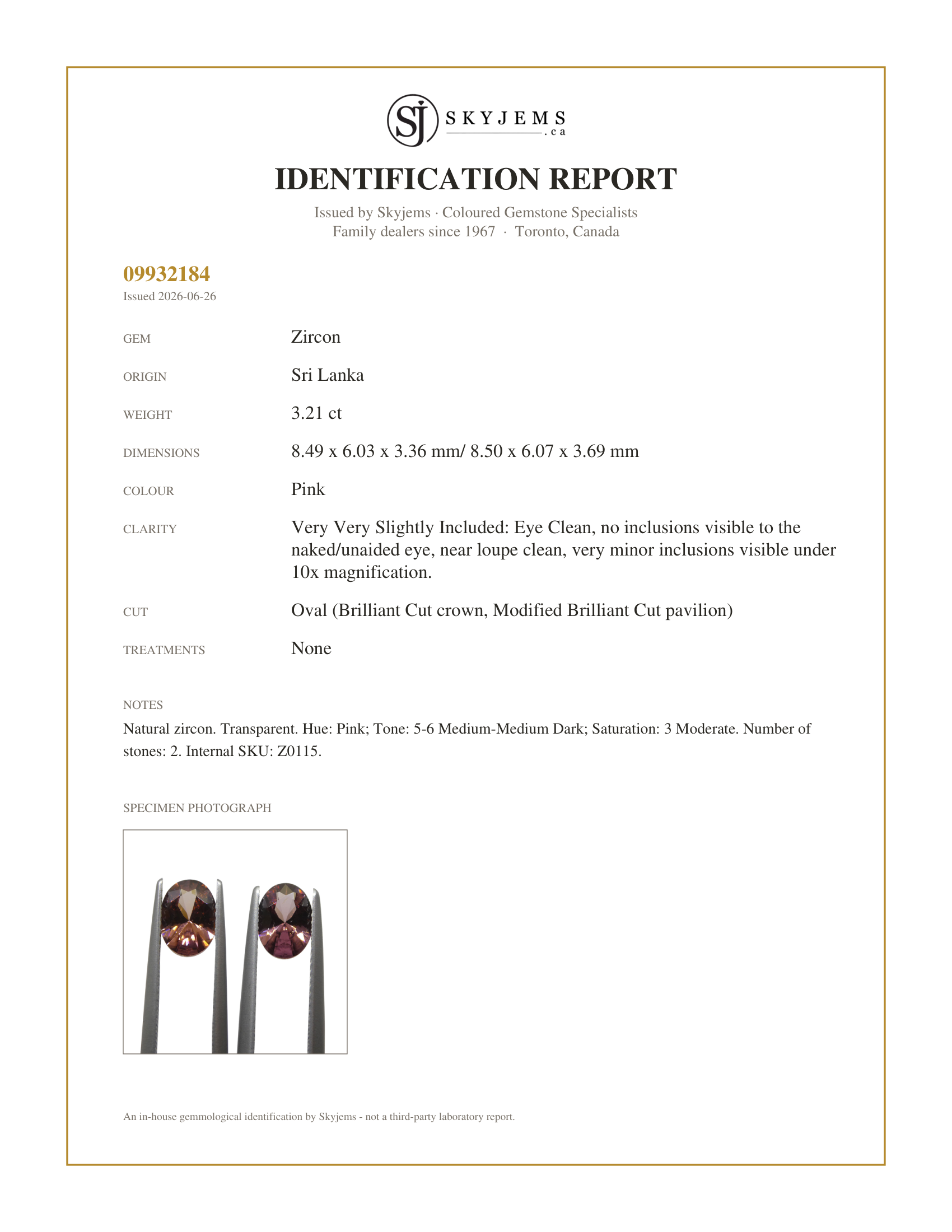 Skyjems Identification Report for Z0115 — 3.21ct Natural Earth Mined Pair Oval Master Brilliant Cut Pink Zircon from Sri Lanka