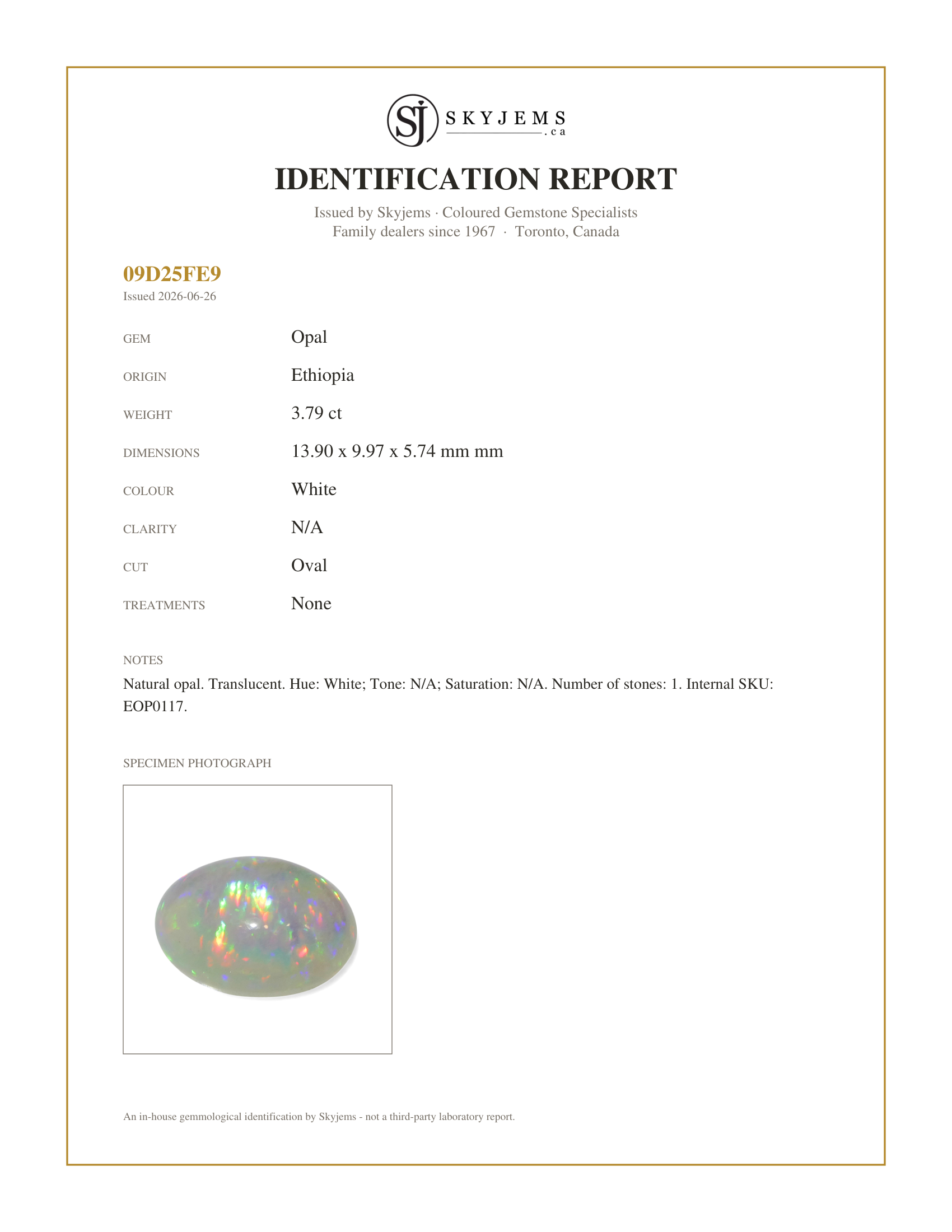 Skyjems Identification Report for EOP0117 — 3.79ct Oval Cabochon White Welo Opal from Ethiopia