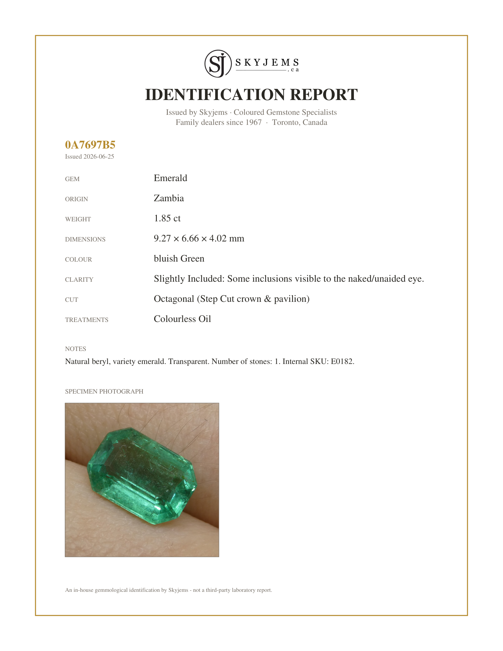 Skyjems Identification Report for E0182 — 1.85ct Emerald Cut Emerald