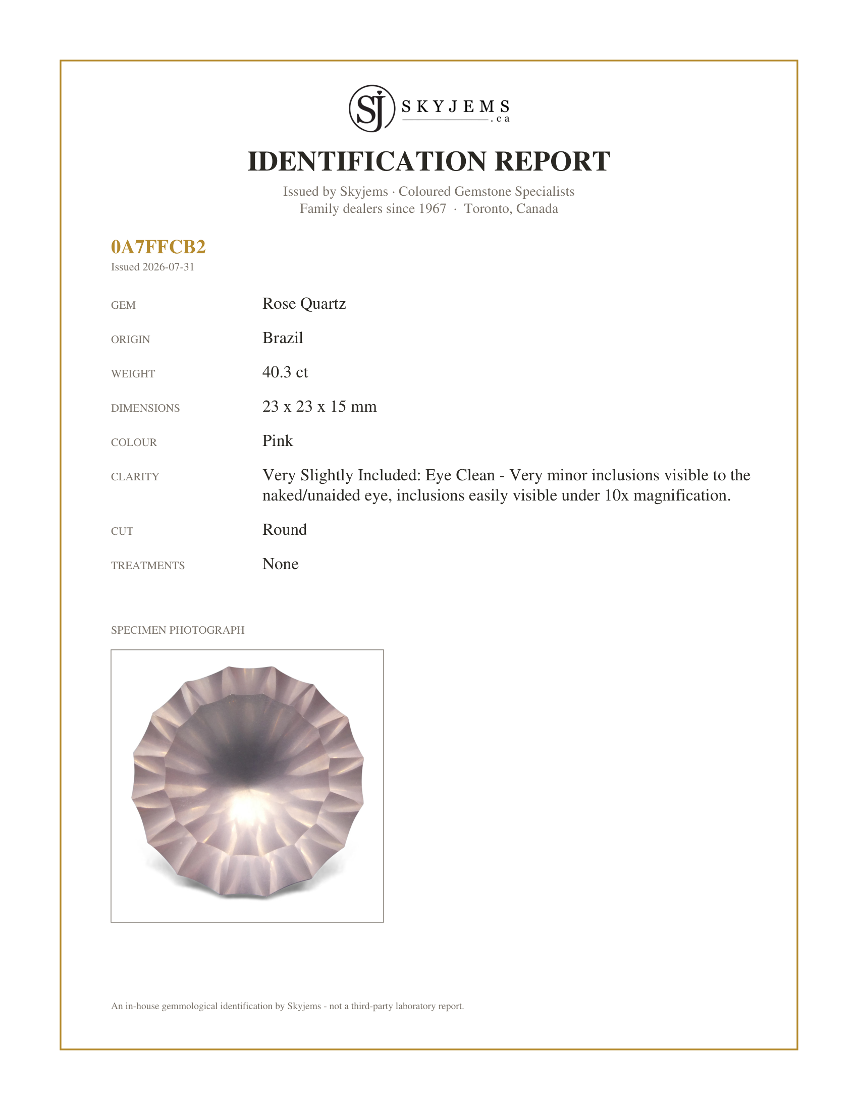 Skyjems Identification Report for RSQF0003 — 40.3ct Round Rose Quartz Fantasy/Fancy Cut