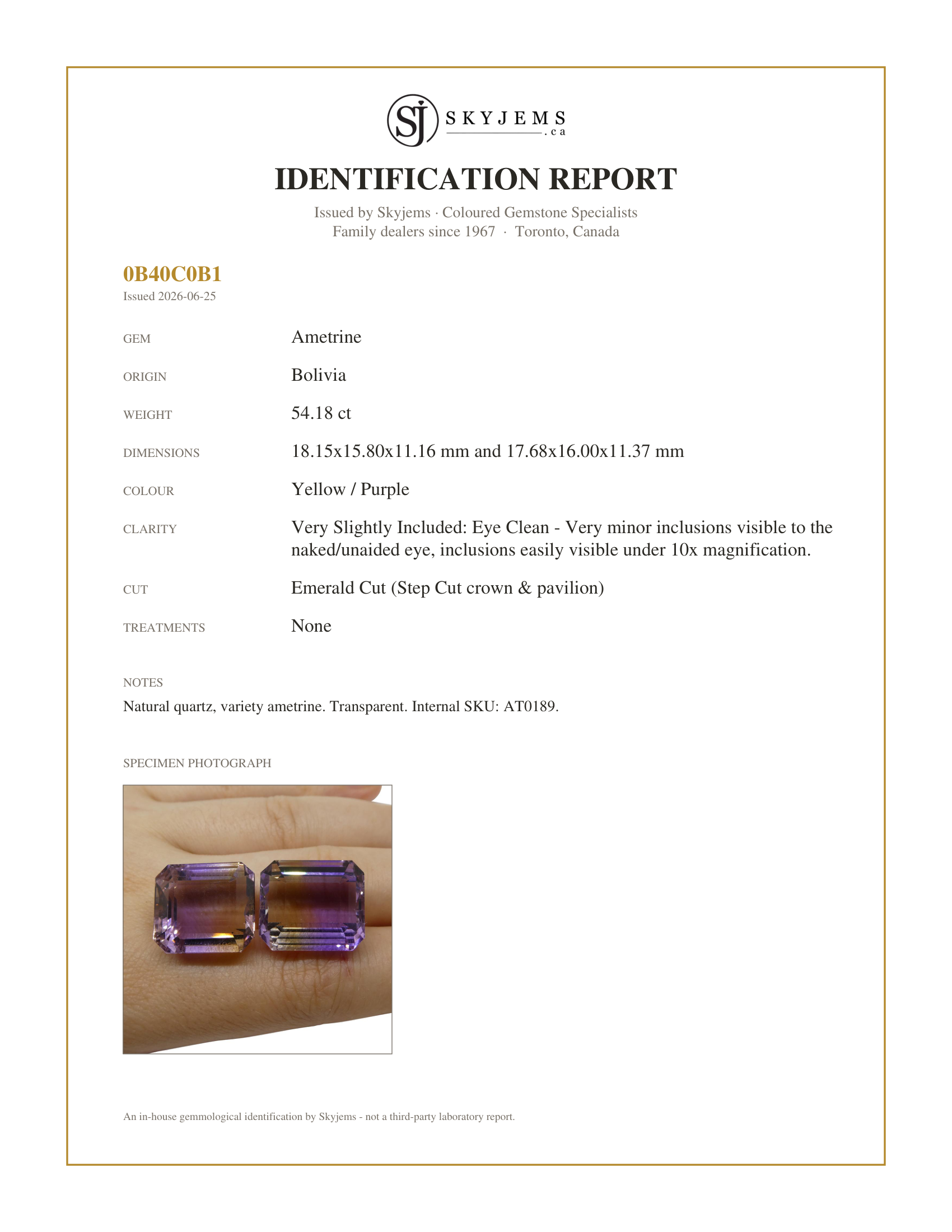 Skyjems Identification Report for AT0189 — 54.18 ct Pair Emerald Cut Ametrine, 100% Natural Very Rare Single Source Gem from Bolivia