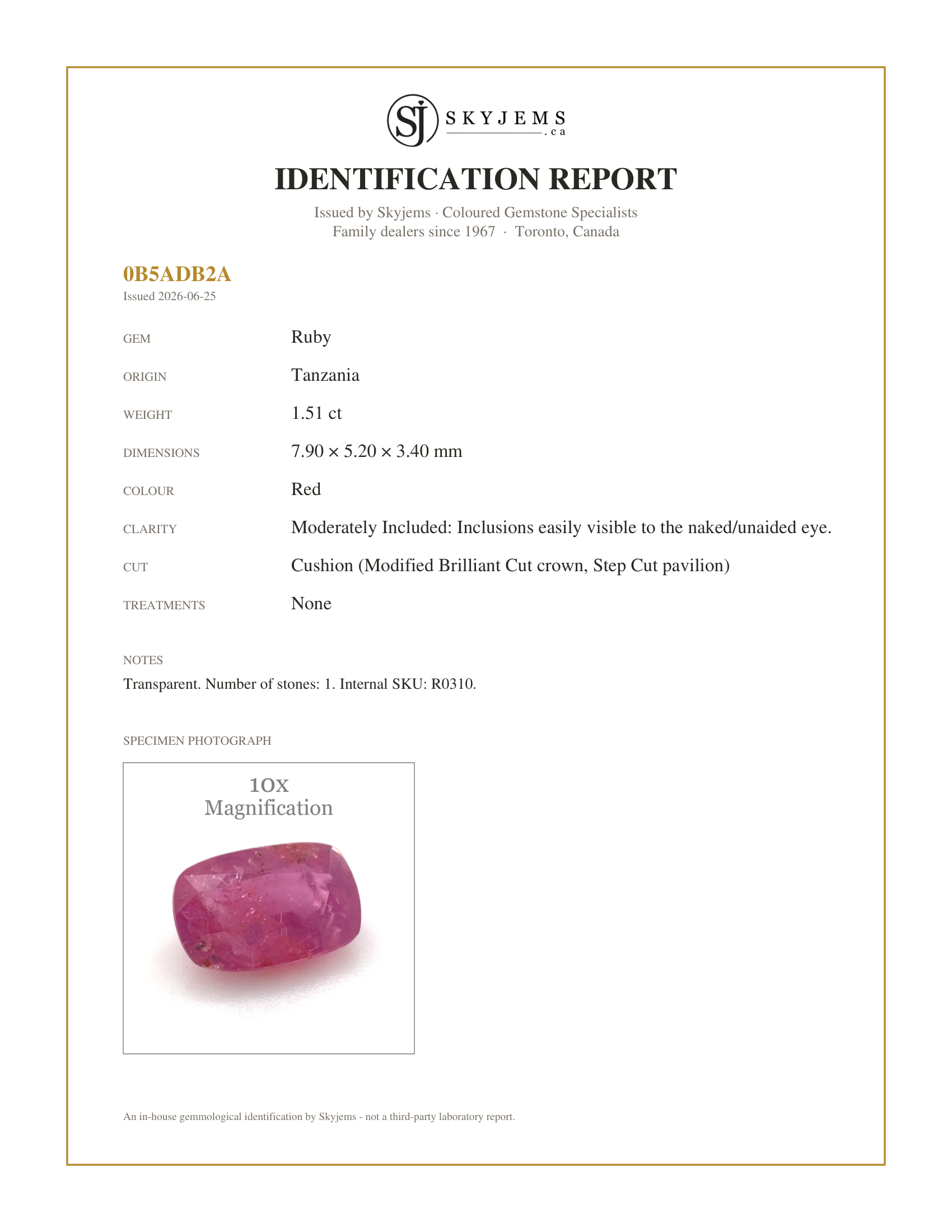 Skyjems Identification Report for R0310 — 1.51ct Cushion Red Ruby Unheated