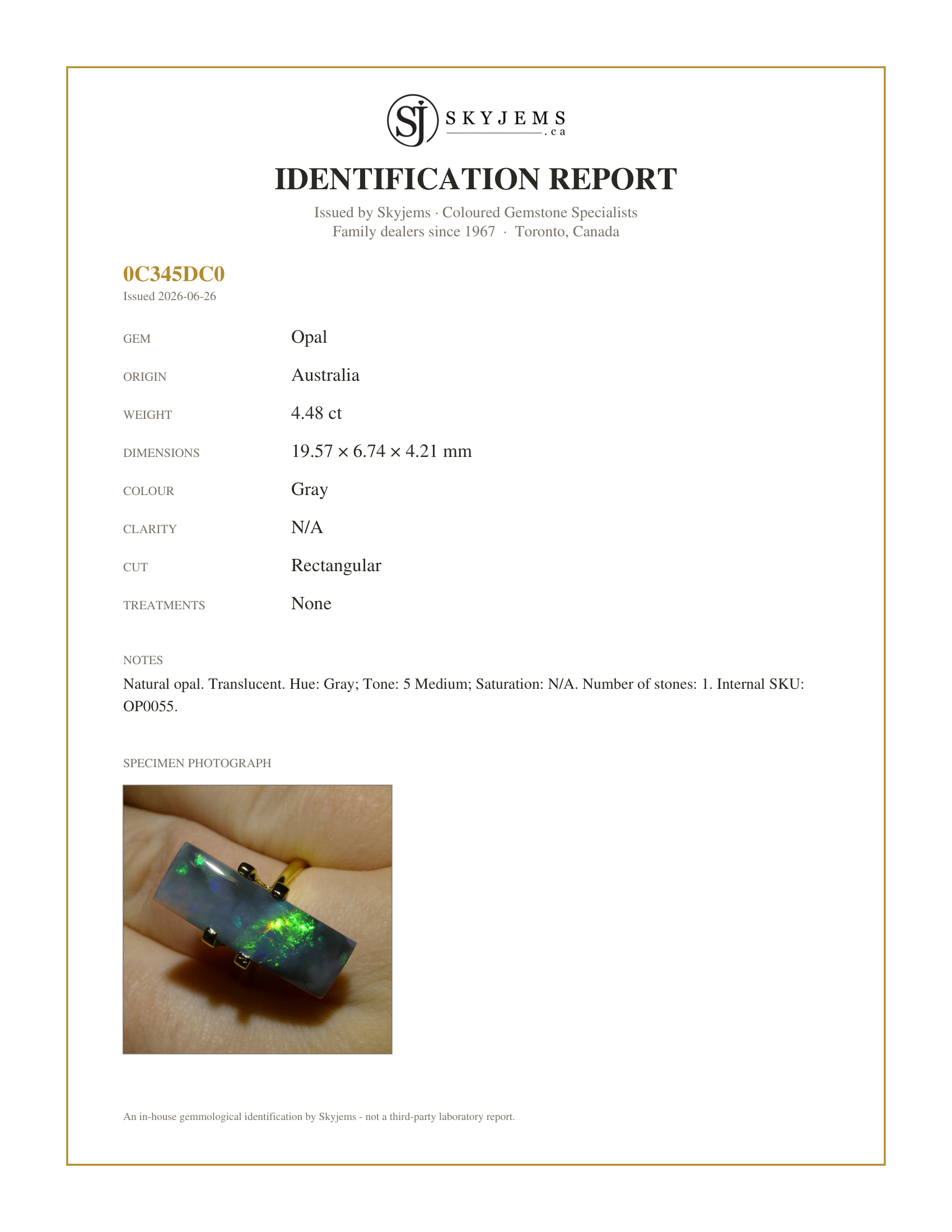 Skyjems Identification Report for OP0055 — 4.48ct Rectangular Cabochon Gray Opal from Australia