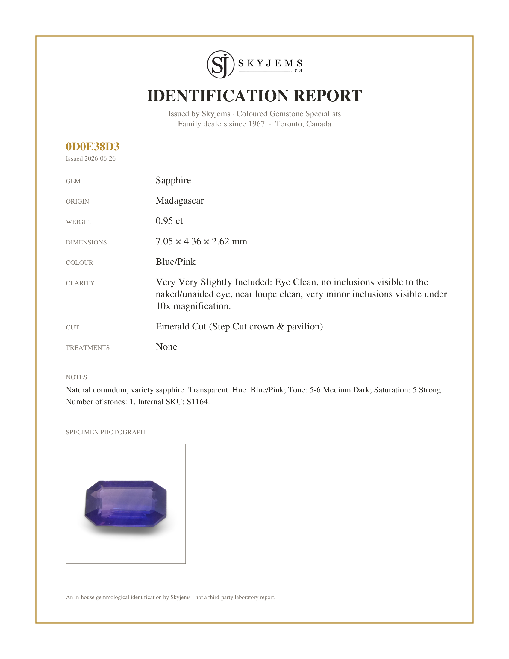 Skyjems Identification Report for S1164 — 0.95ct Emerald Cut Blue/Pink Parti Colour Sapphire from Madagascar, Unheated