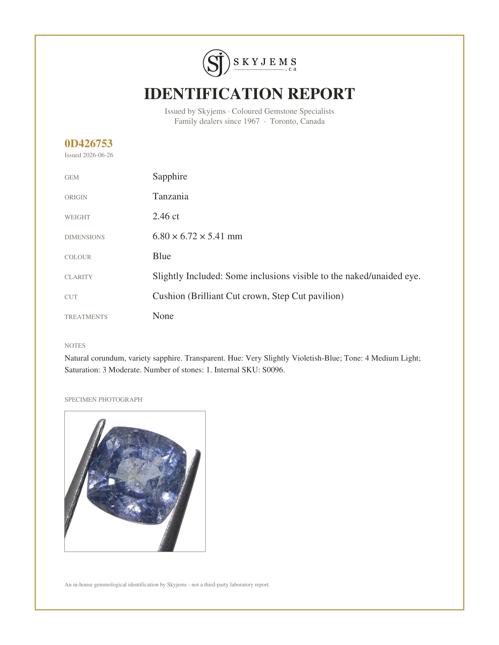 Skyjems Identification Report for S0096 — 2.46ct Cushion Blue Sapphire from Tanzania Unheated