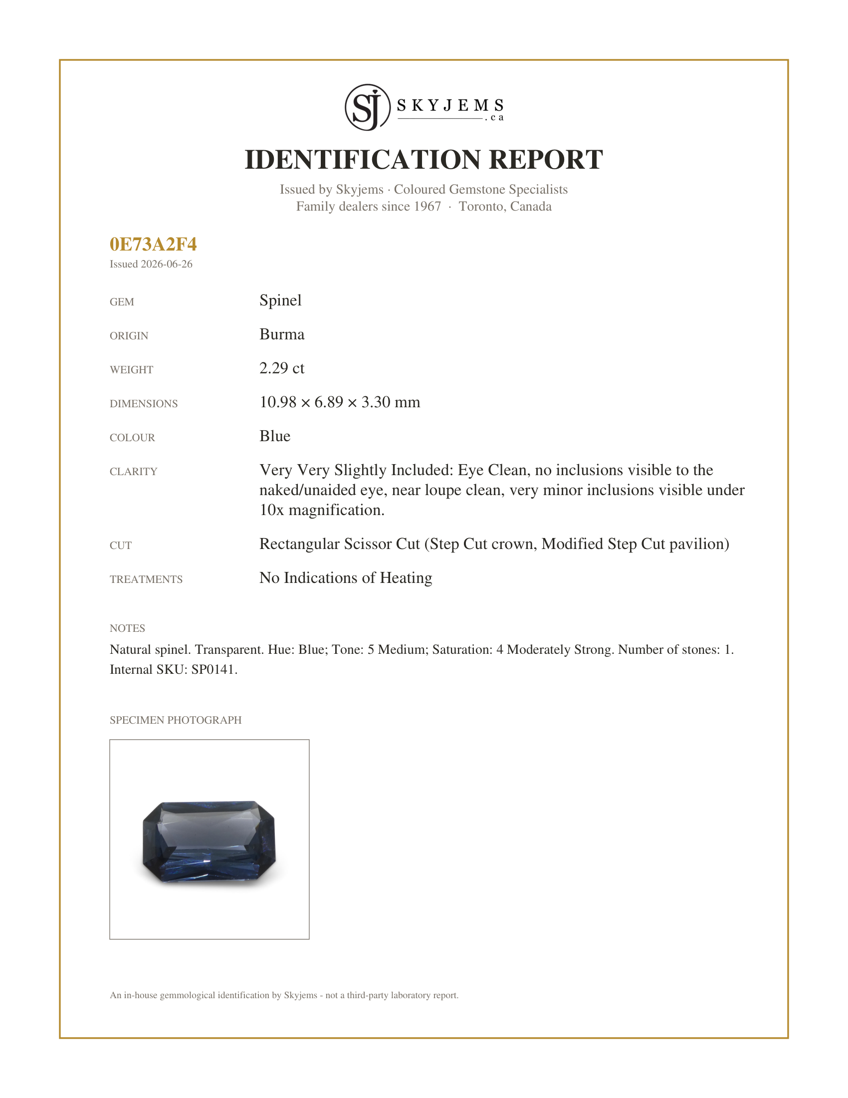 Skyjems Identification Report for SP0141 — 2.29ct Rectangular Scissor Cut Blue Spinel from Burma