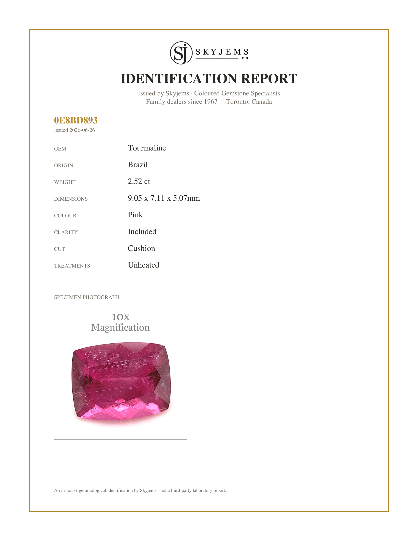 Skyjems Identification Report for TR0116 — 2.52ct Cushion Pink Tourmaline from Brazil