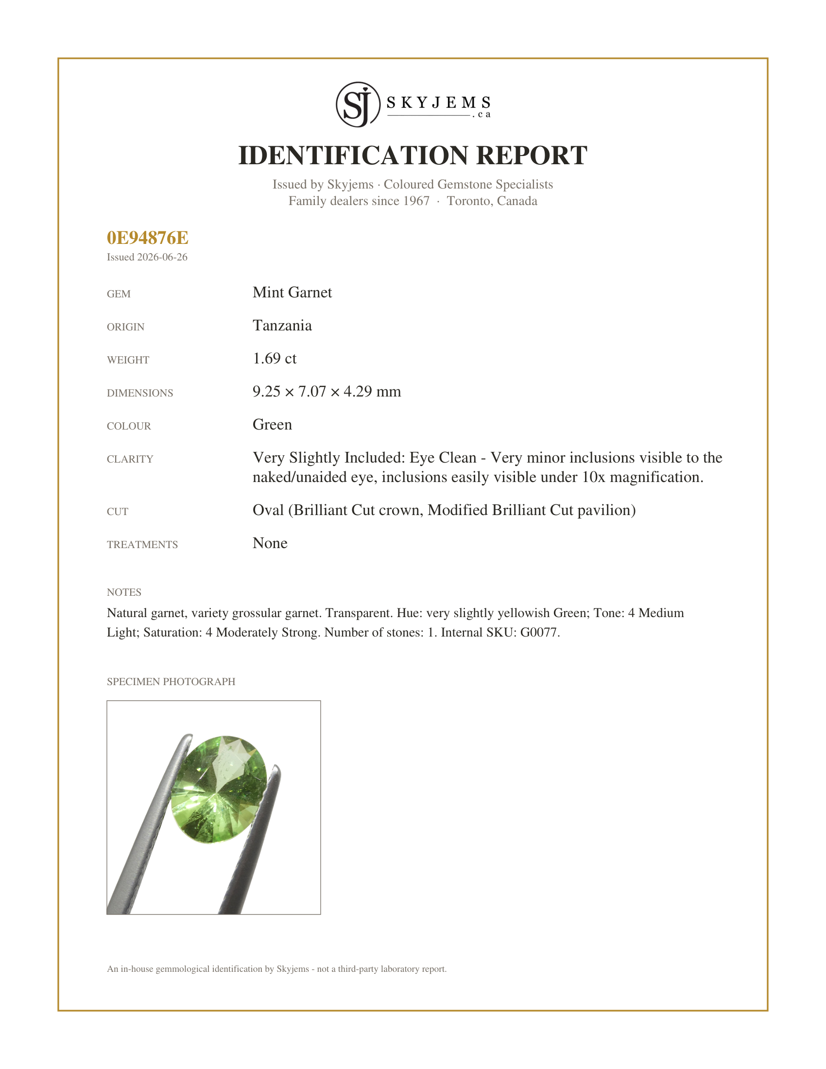 Skyjems Identification Report for G0077 — 1.69ct Oval Green Merelani Mint Tsavorite Garnet from Tanzania