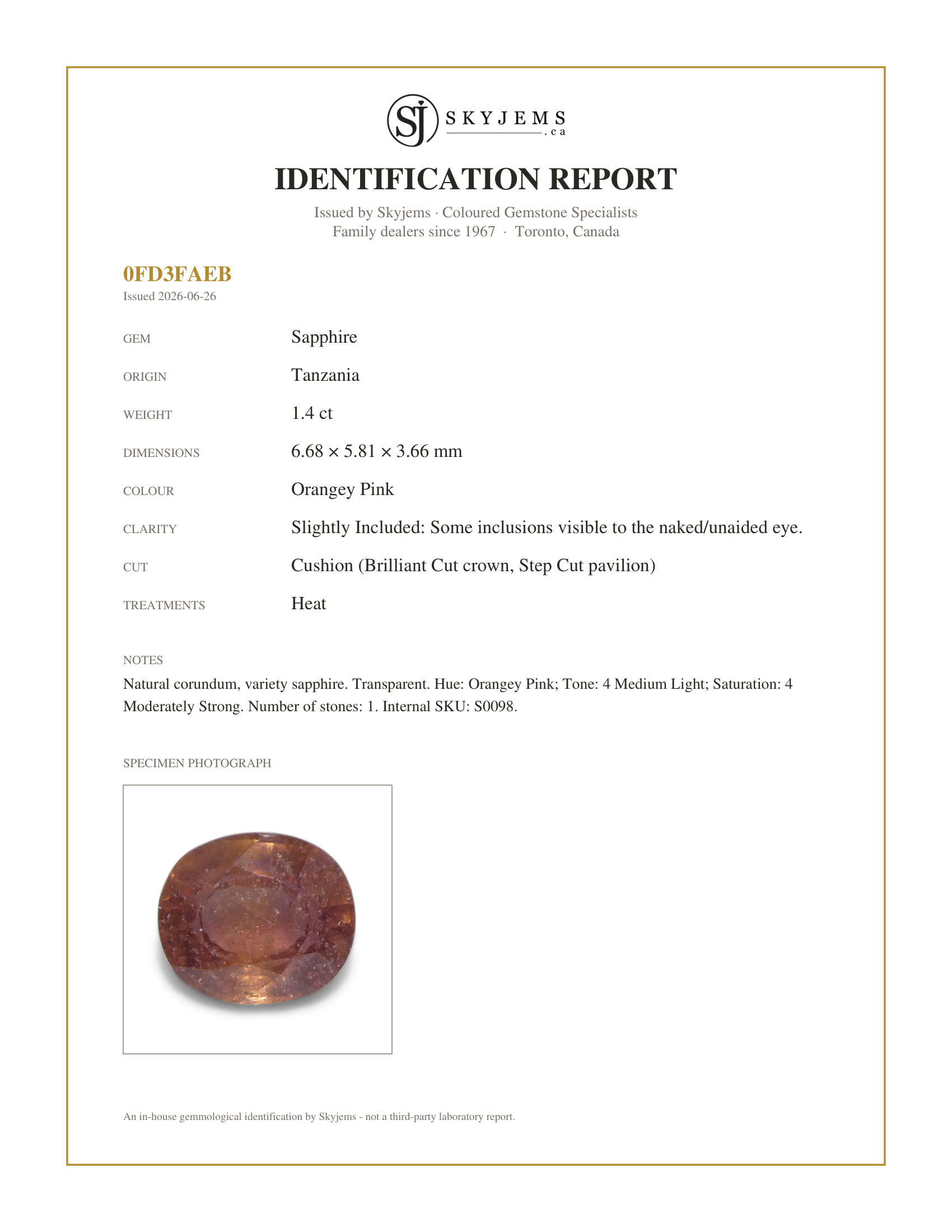 Skyjems Identification Report for S0098 — 1.4ct Cushion Pink Sapphire from Tanzania
