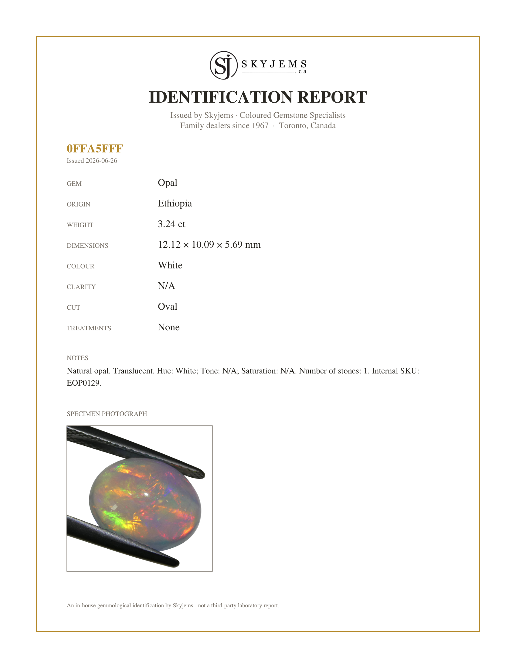 Skyjems Identification Report for EOP0129 — 3.24ct Oval Cabochon White Crystal Opal from Ethiopia