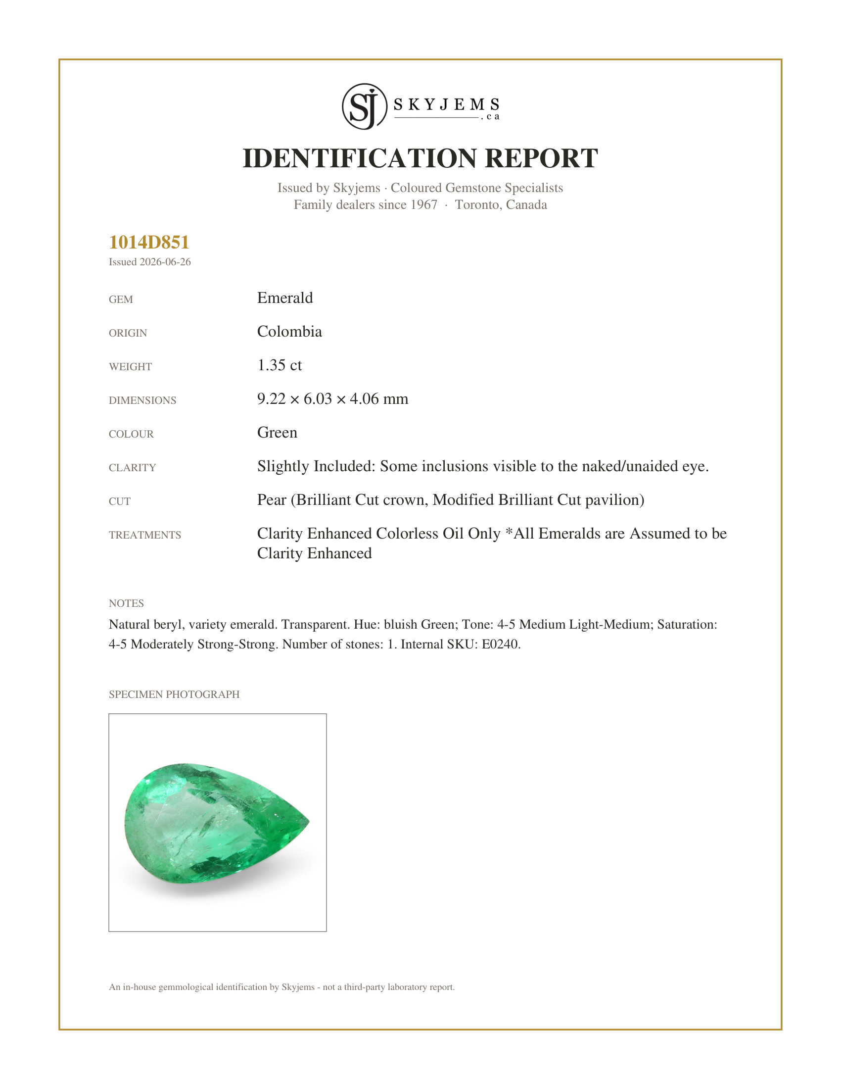 Skyjems Identification Report for E0240 — 1.35ct Pear Green Emerald from Colombia