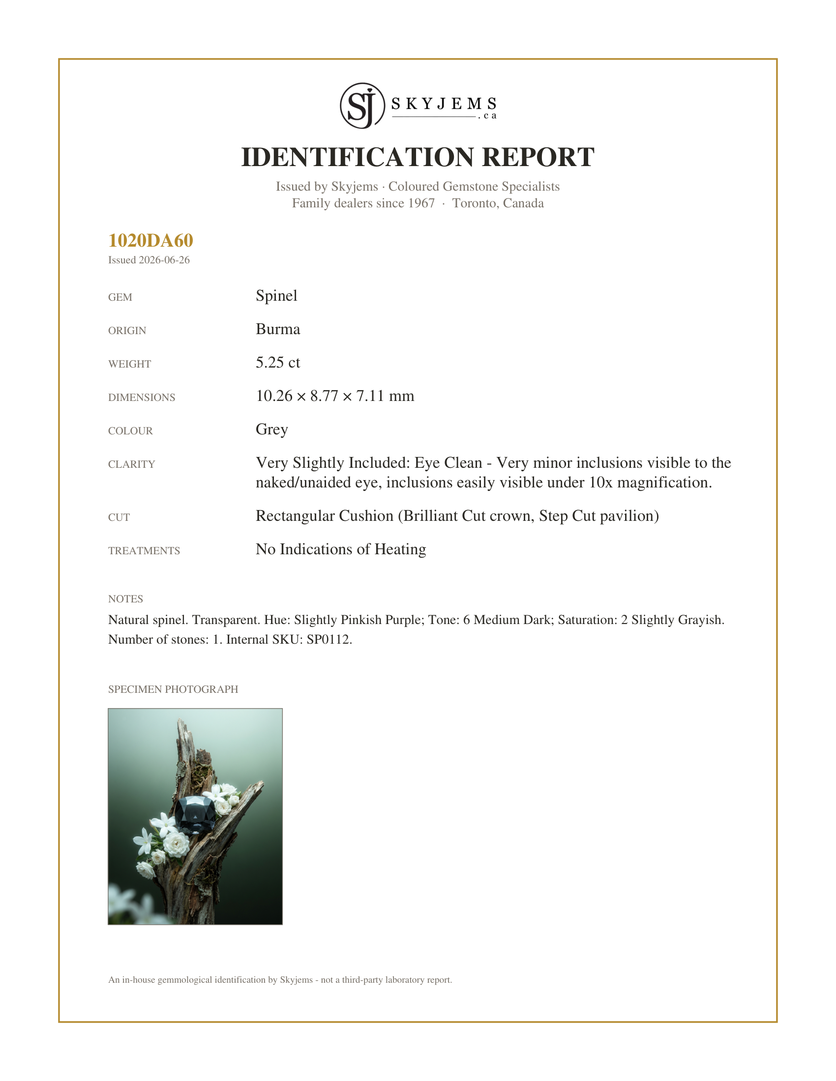 Skyjems Identification Report for SP0112 — 5.25ct Rectangular Cushion Grey Spinel from Burma