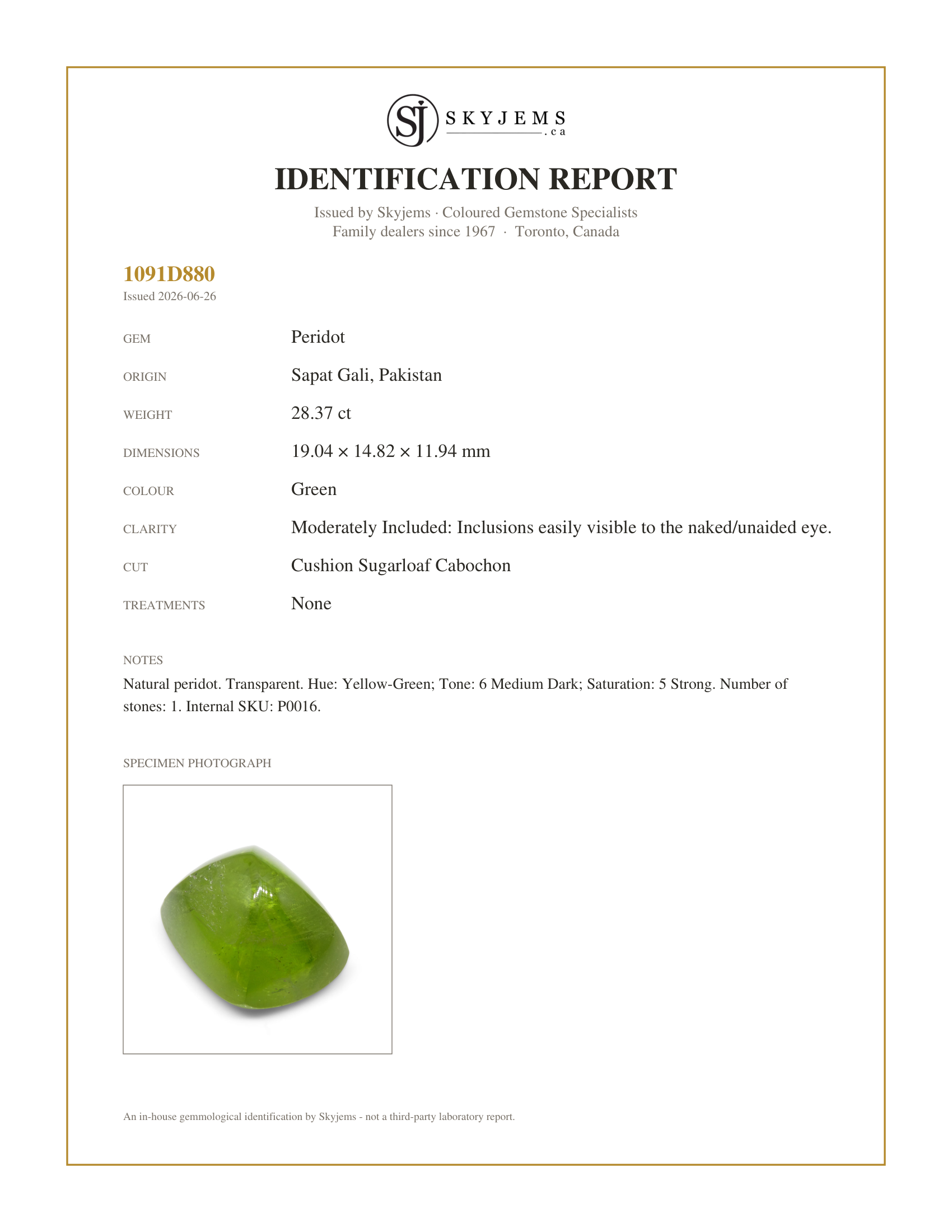 Skyjems Identification Report for P0016 — 28.37ct Cushion Sugarloaf Cabochon Yellow-Green Peridot