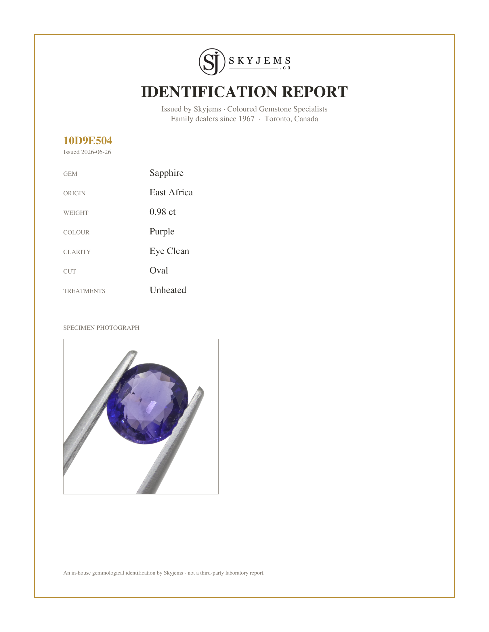 Skyjems Identification Report for  — 0.98ct Cushion Purple Sapphire from East Africa, Unheated