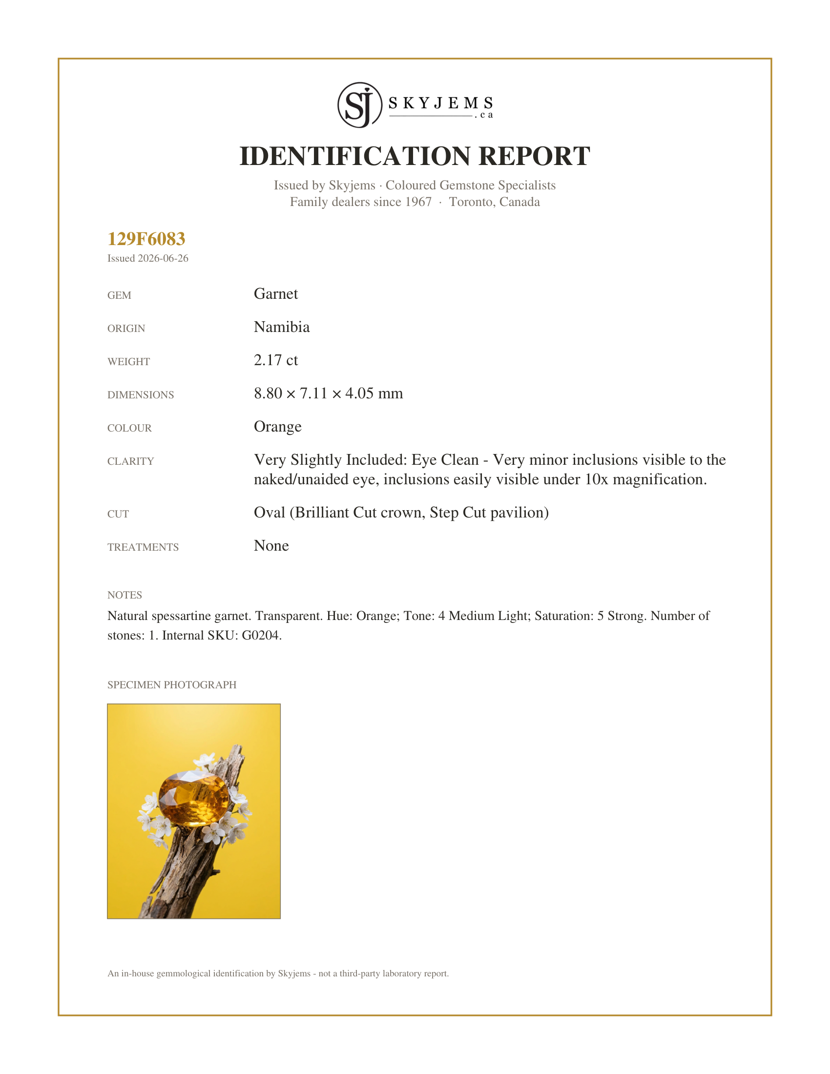 Skyjems Identification Report for G0204 — 2.17ct Oval Fanta Orange Mandarin Spessartite/Spessartine Garnet from Namibia