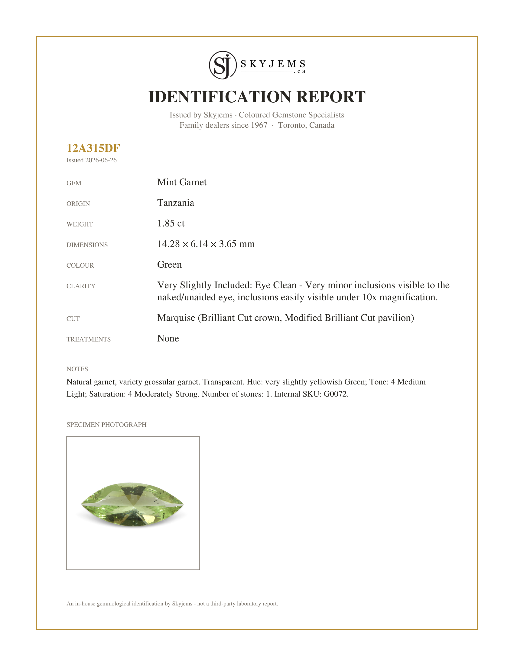 Skyjems Identification Report for G0072 — 1.85ct Marquise Green Merelani Mint Tsavorite Garnet from Tanzania