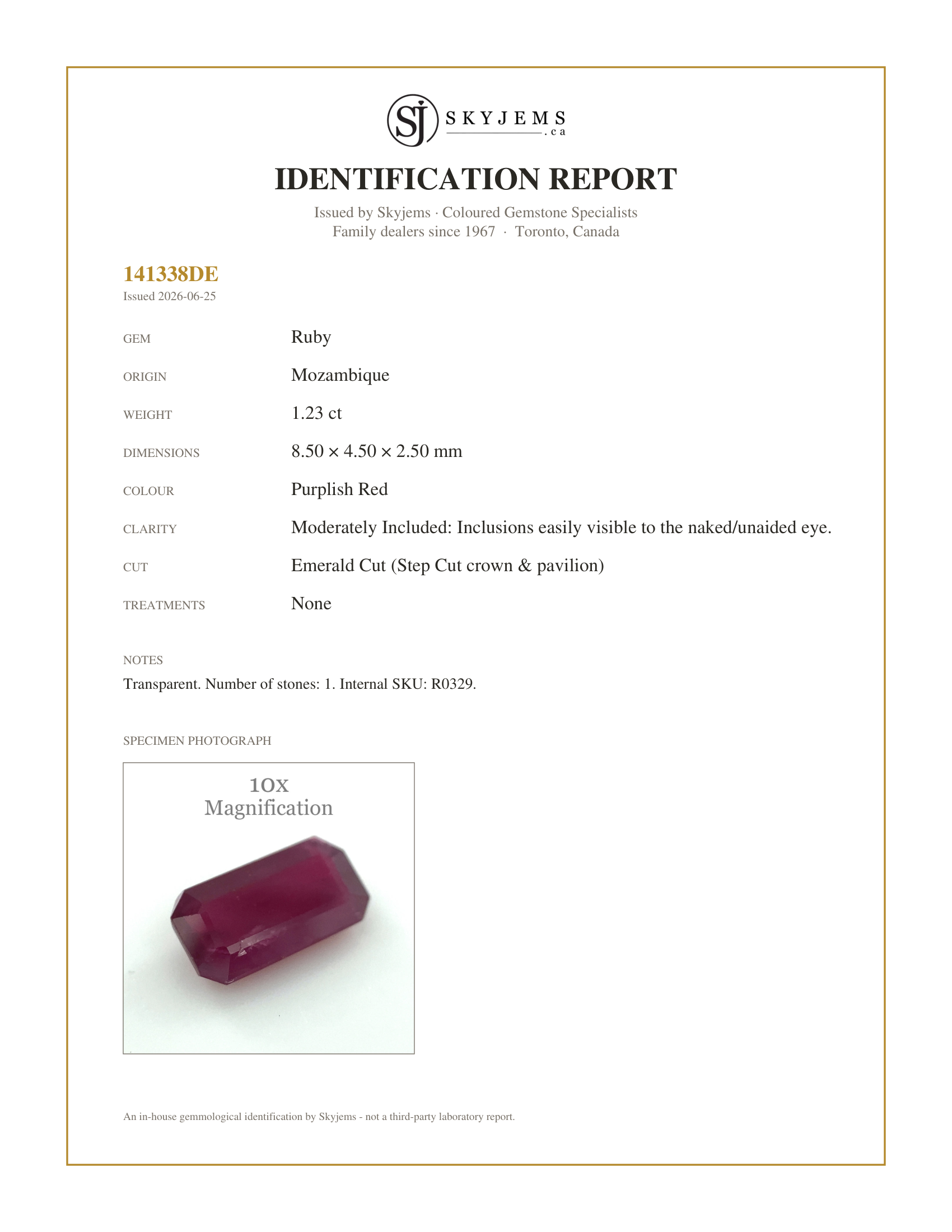 Skyjems Identification Report for R0329 — 1.23ct Emerald Cut Red Ruby Unheated