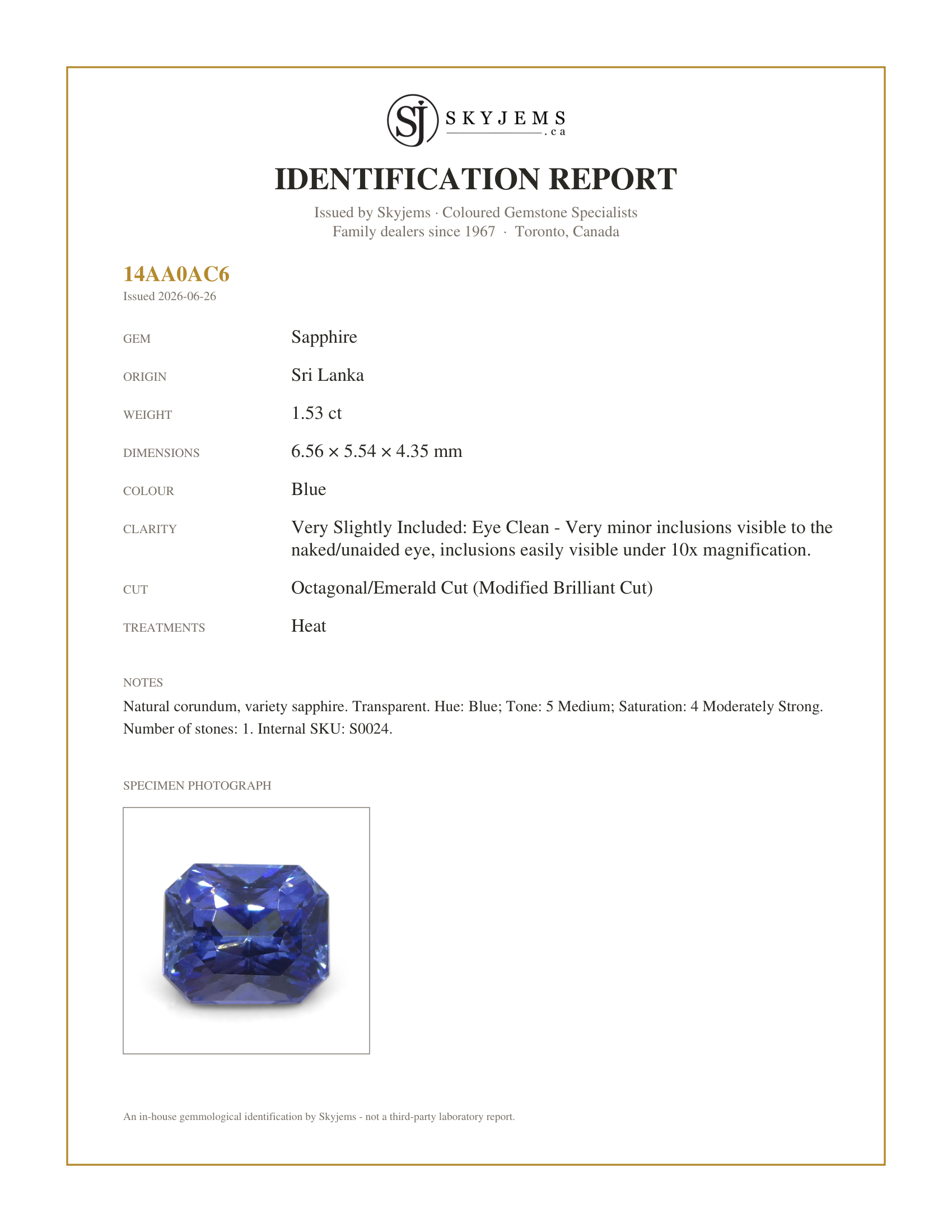 Skyjems Identification Report for S0024 — 1.53ct Octagonal/Emerald Cut Blue Sapphire from Sri Lanka