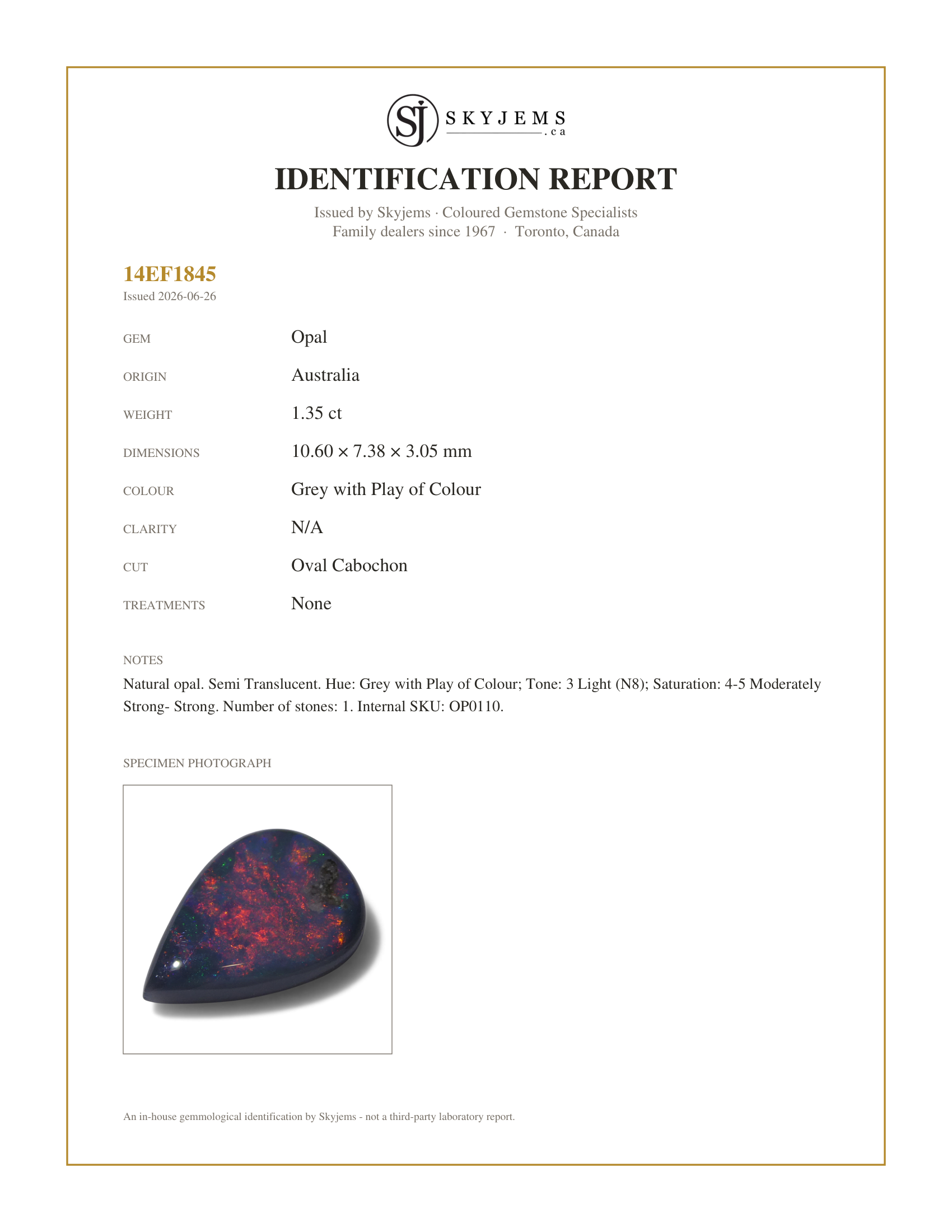 Skyjems Identification Report for OP0110 — 1.35ct Pear Cabochon Grey Opal from Australia
