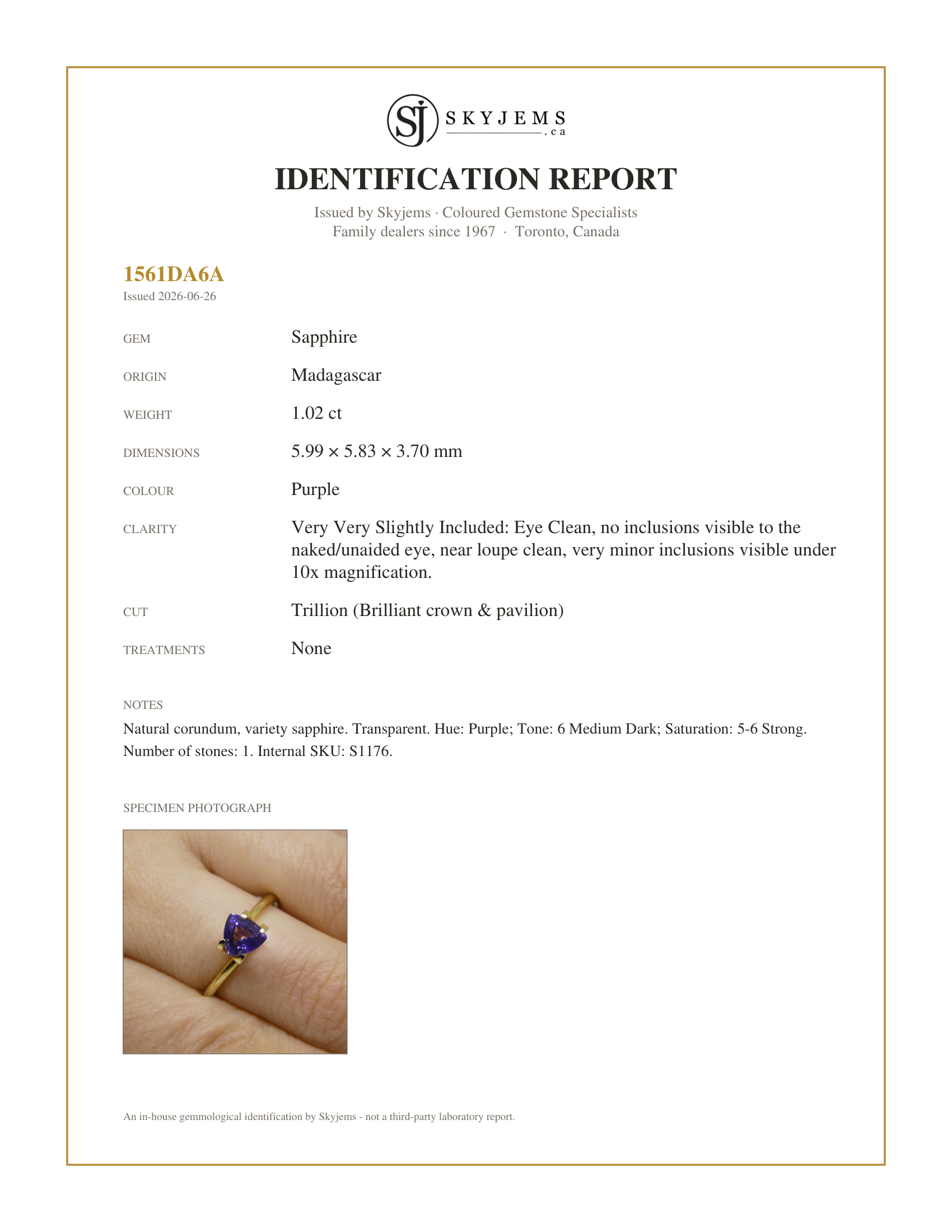 Skyjems Identification Report for S1176 — 1.02ct Trillion Purple Sapphire from Madagascar Unheated