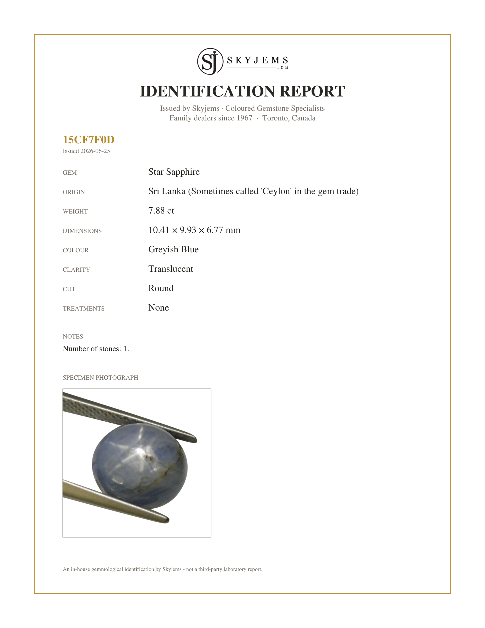 Skyjems Identification Report for  — 7.88 ct Round Star Sapphire