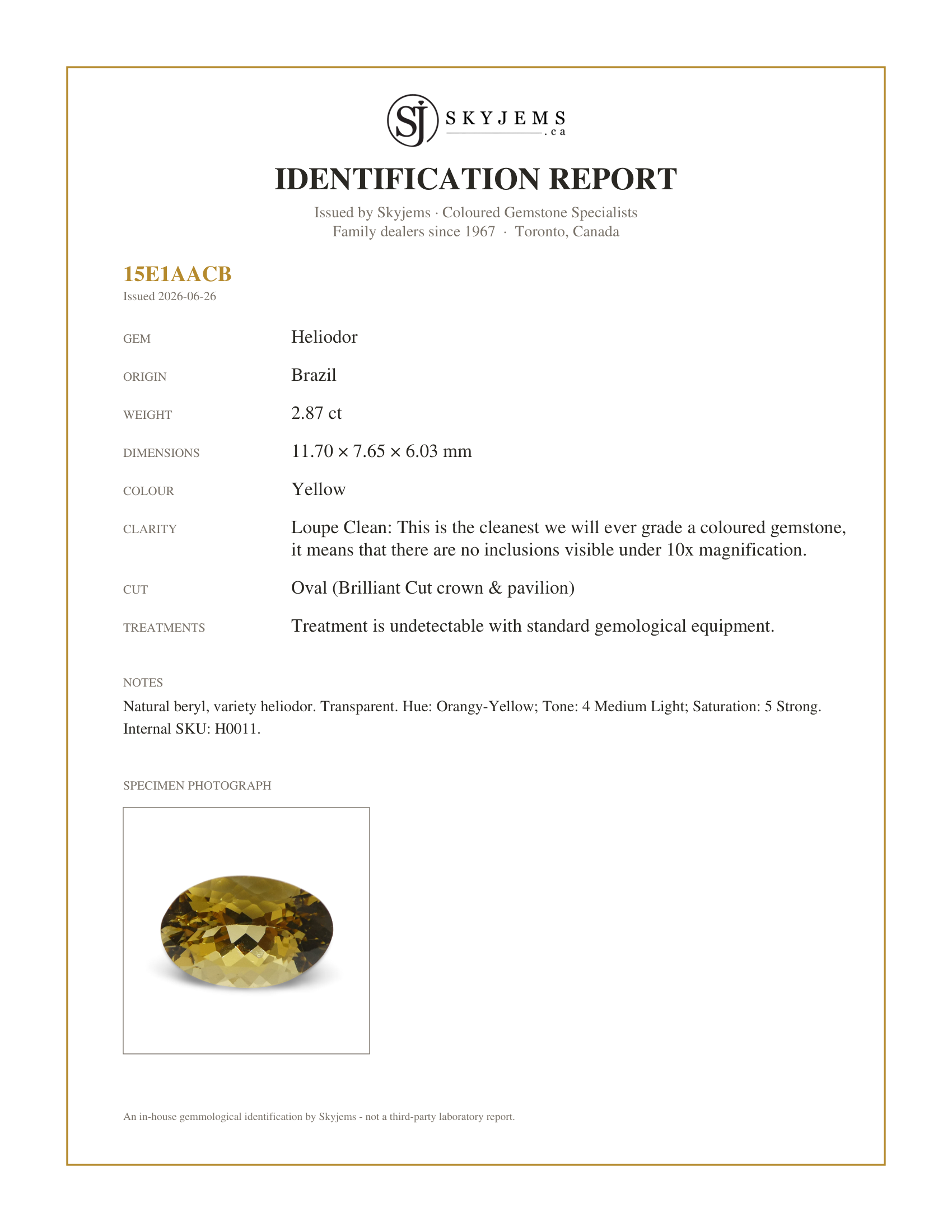 Skyjems Identification Report for H0011 — 2.87ct Oval Heliodor, Golden Yellow Beryl