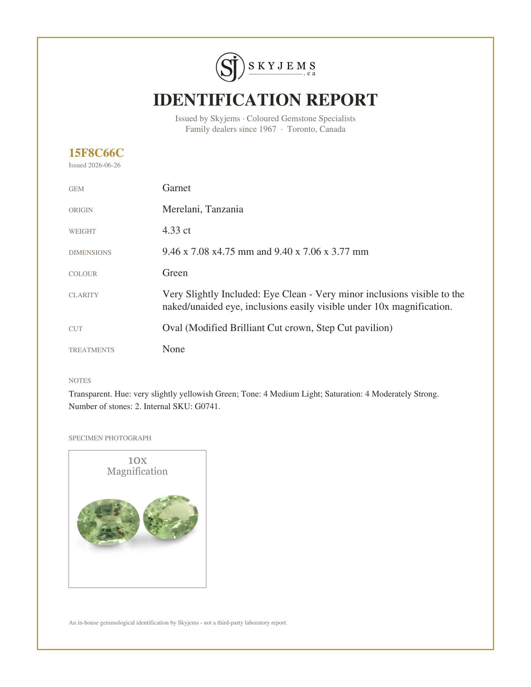 Skyjems Identification Report for G0741 — 4.33ct Pair Oval Green Merelani Mint Tsavorite Garnet from Tanzania