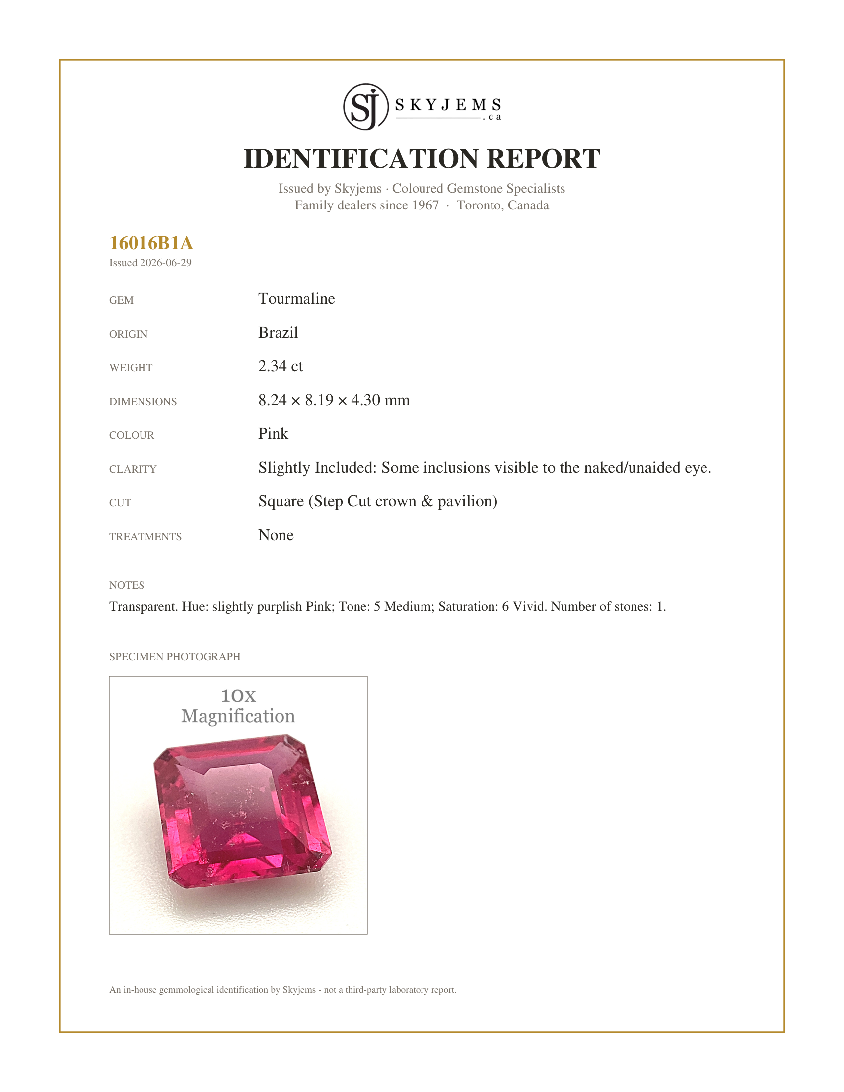 Skyjems Identification Report for TR0108 — 2.34ct Square Purplish Pink Tourmaline