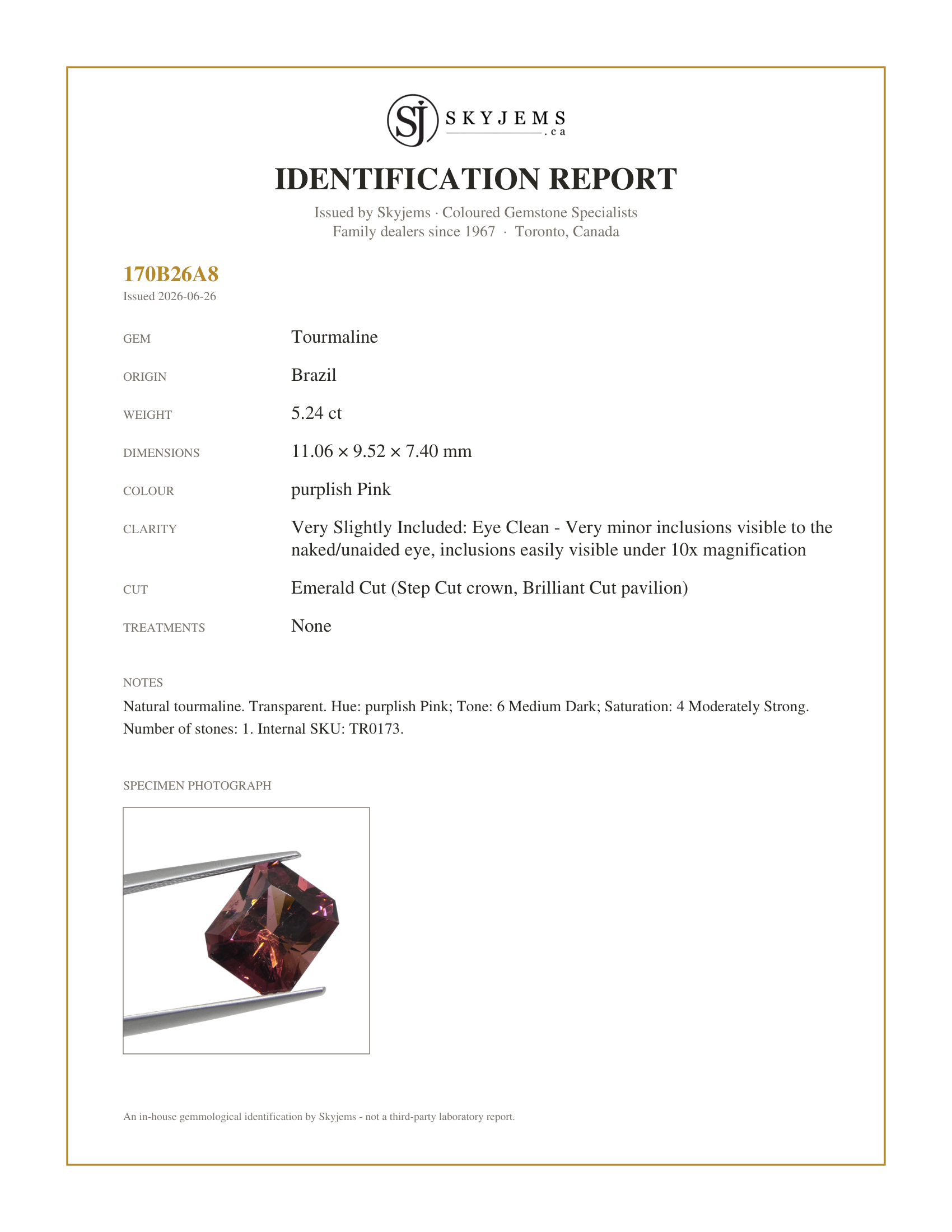 Skyjems Identification Report for TR0173 — 5.24ct Emerald Cut purplish Pink Tourmaline