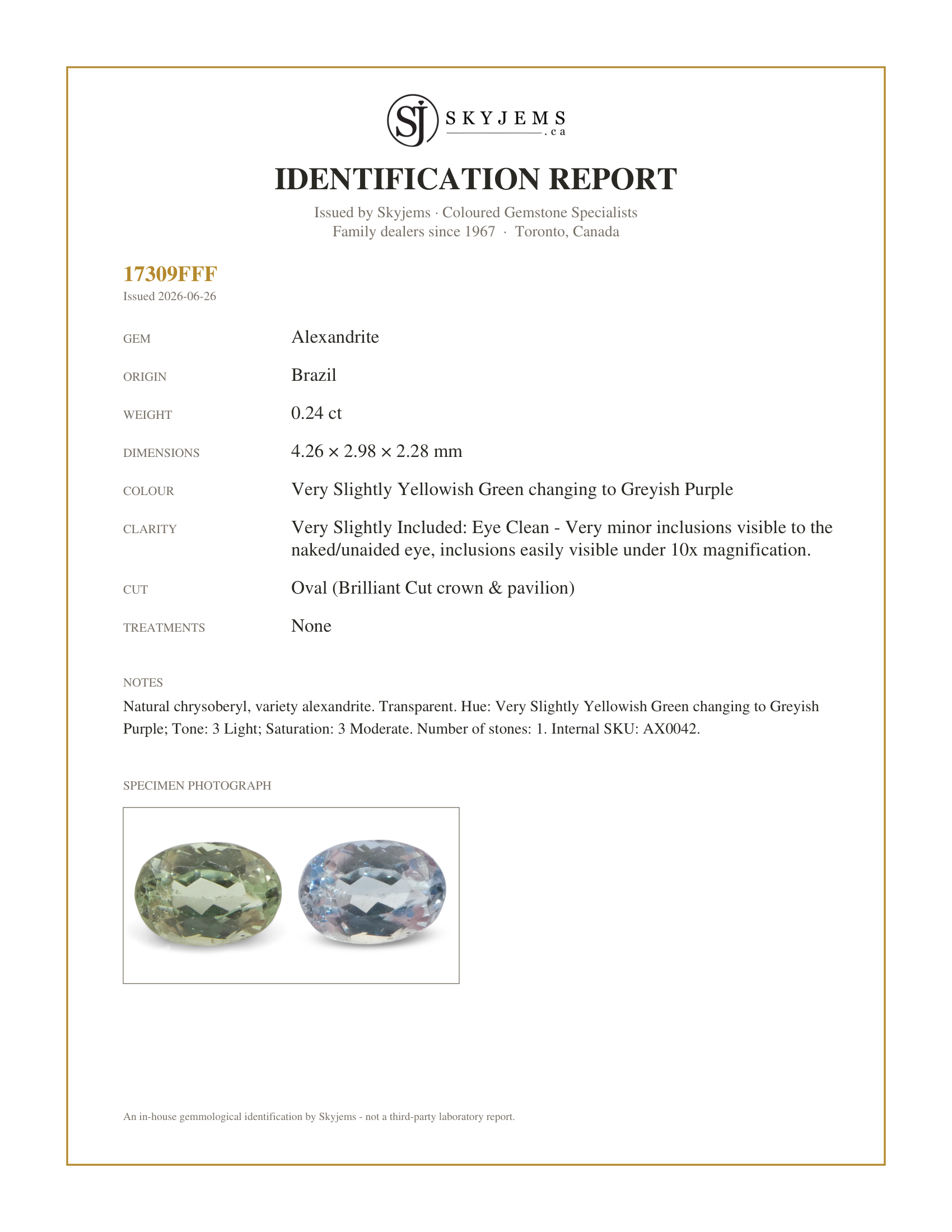 Skyjems Identification Report for AX0042 — 0.24ct Oval Yellowish Green to Greyish Purple Alexandrite from Brazil, Unheated