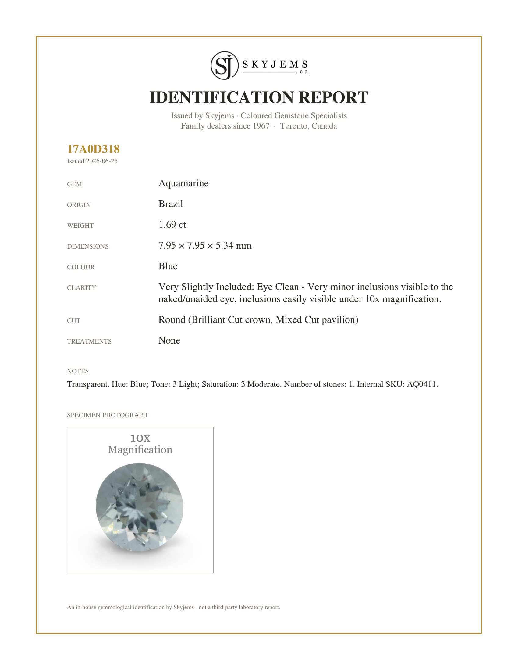 Skyjems Identification Report for AQ0411 — 1.69ct Round Aquamarine