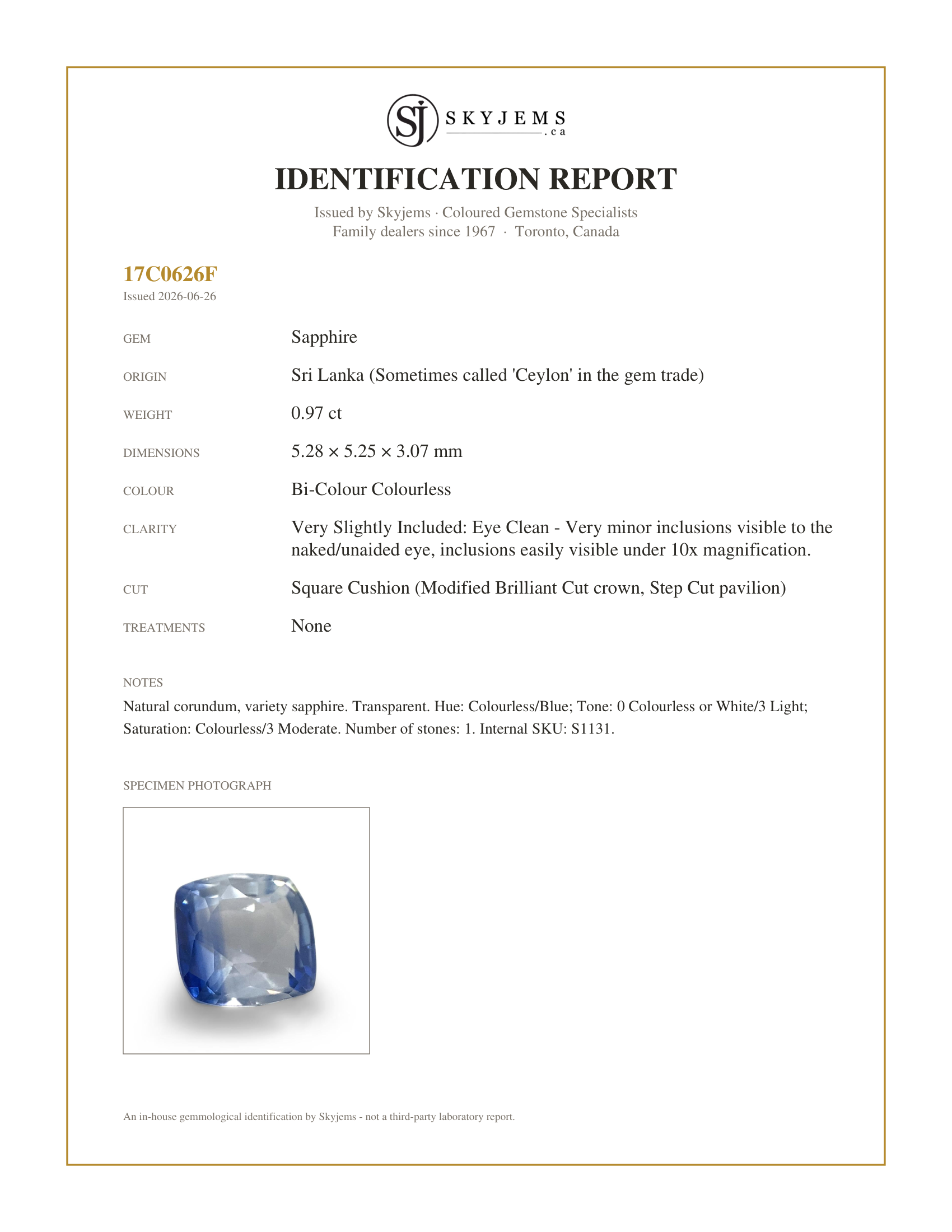 Skyjems Identification Report for S1131 — 0.97ct Square Cushion Parti Colour Sapphire from Sri Lanka Unheated
