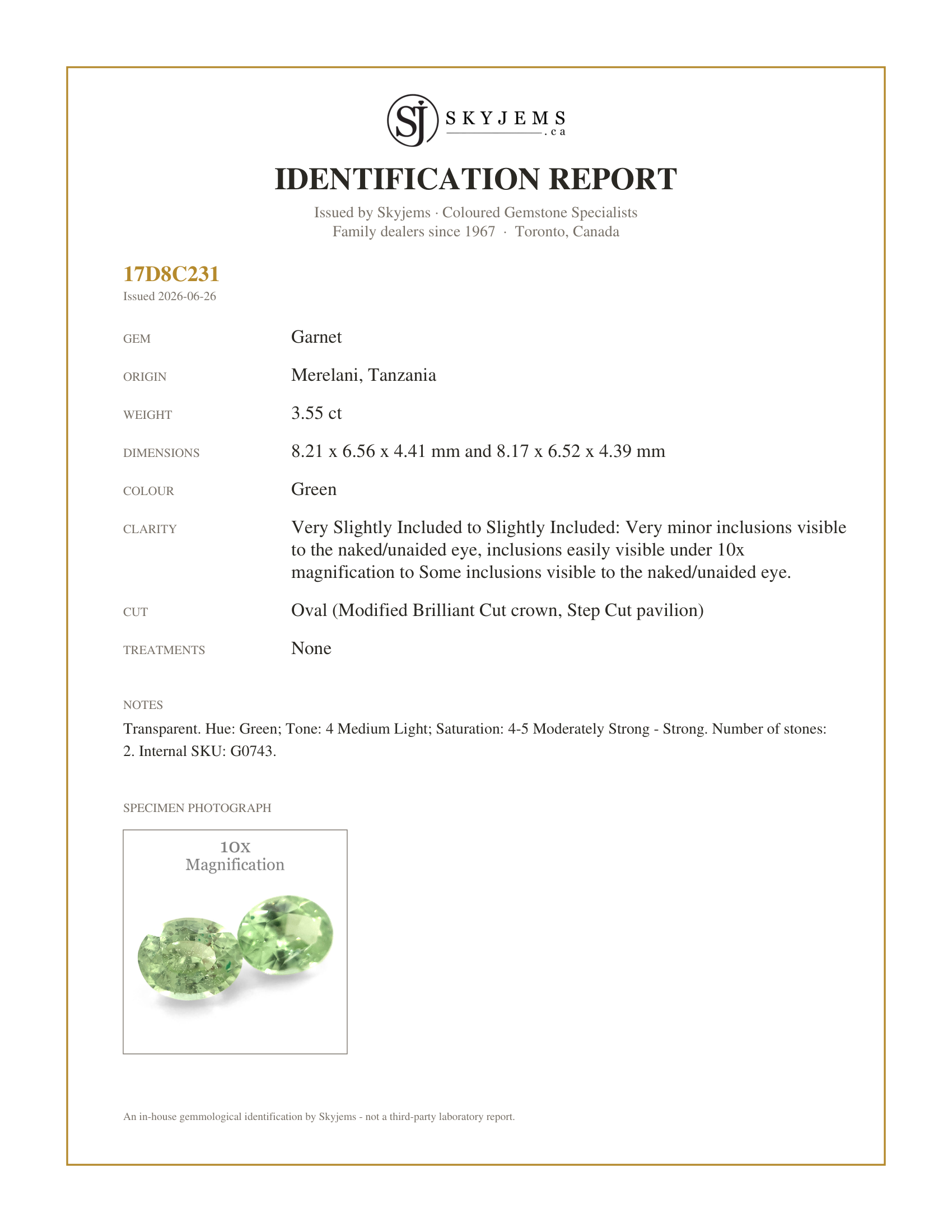 Skyjems Identification Report for G0743 — 3.55ct Pair Oval Green Merelani Mint Tsavorite Garnet from Tanzania