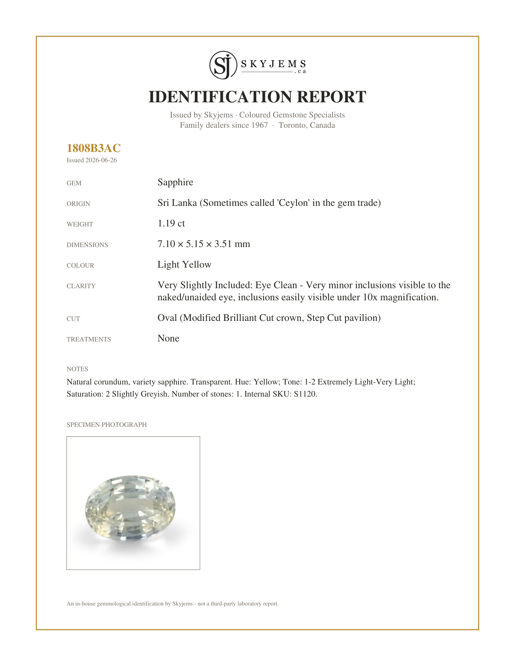 Skyjems Identification Report for S1120 — 1.19ct Oval Pastel Yellow Sapphire from Sri Lanka Unheated