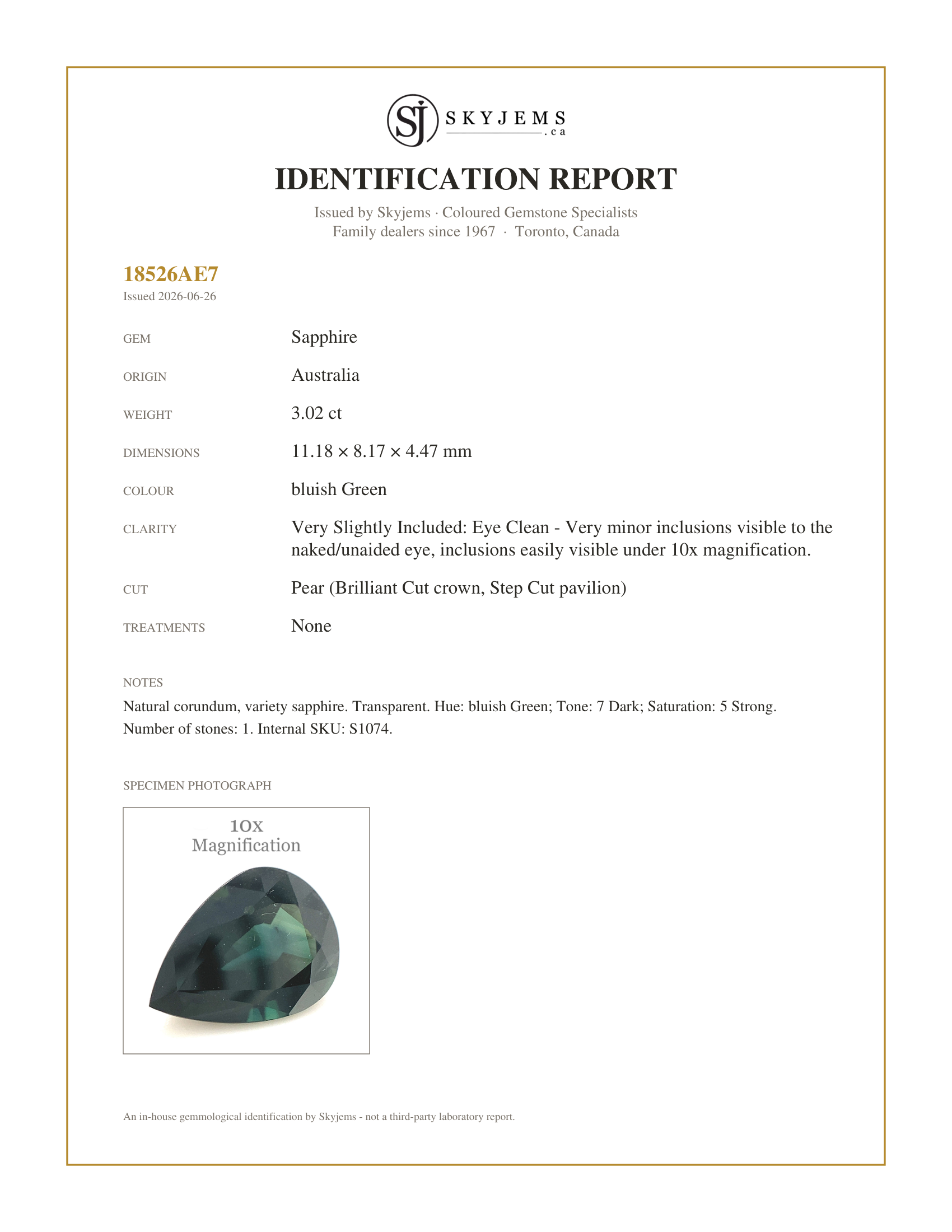 Skyjems Identification Report for S1074 — 3.02ct Pear Teal Green Sapphire from Australia Unheated