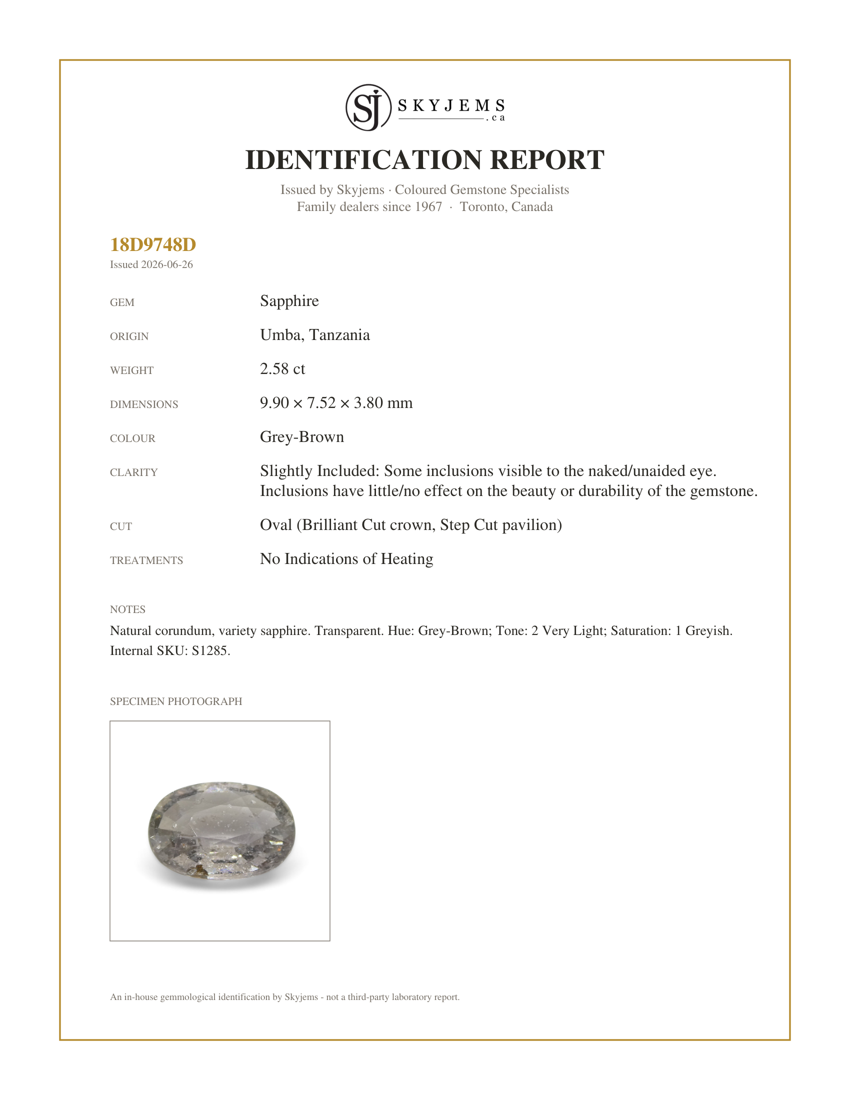 Skyjems Identification Report for S1285 — 2.58ct Oval Grey Sapphire from Umba, Tanzania, Unheated