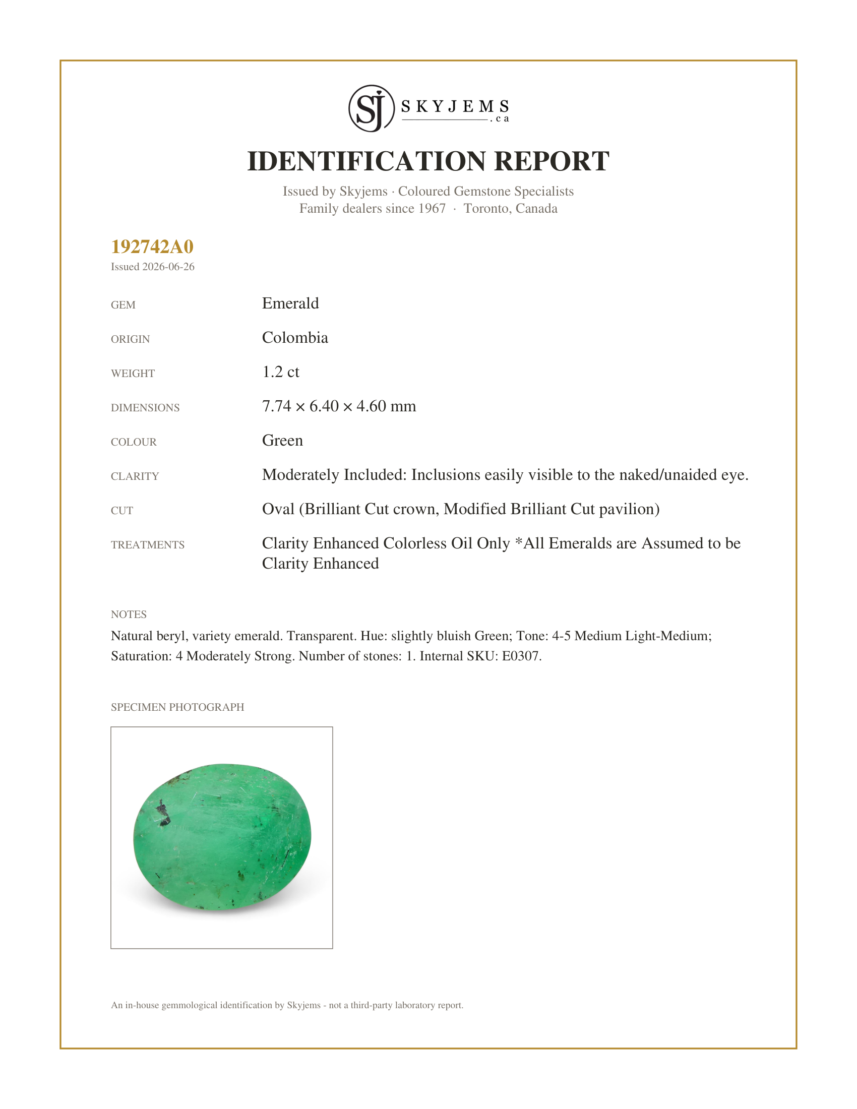 Skyjems Identification Report for E0307 — 1.20ct Oval Green Emerald from Colombia
