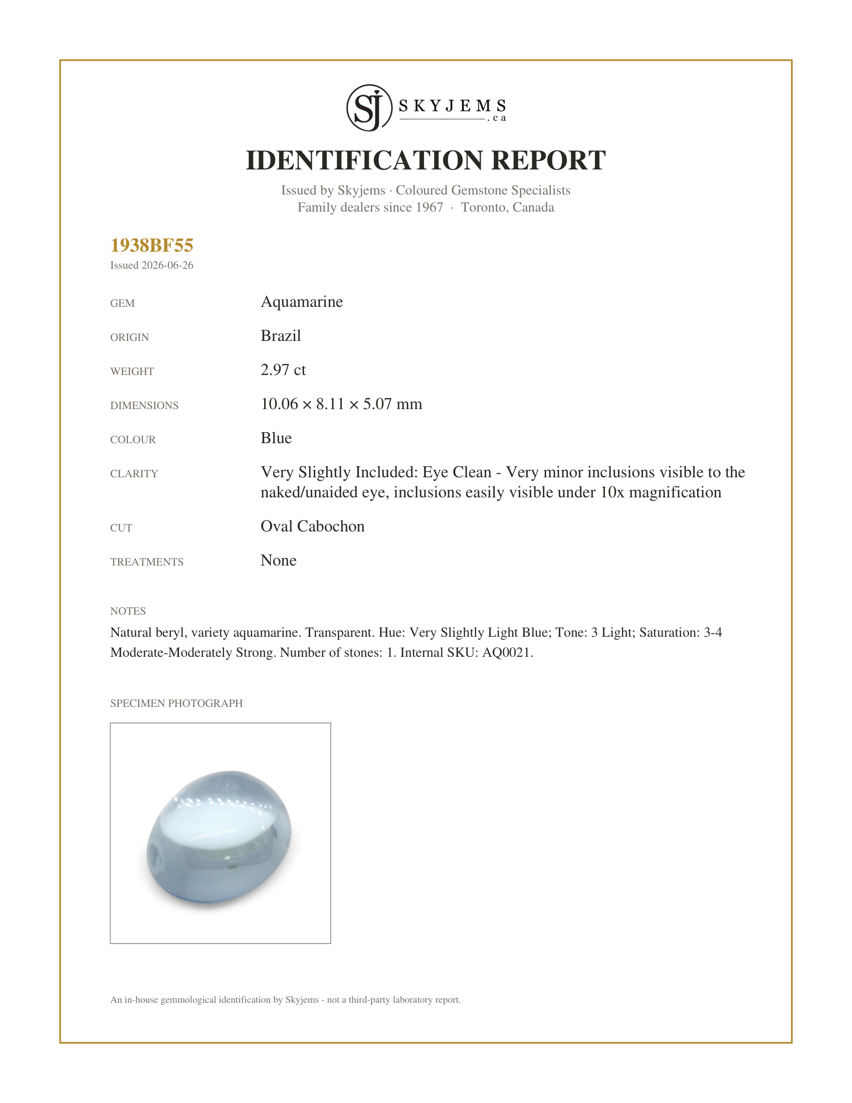Skyjems Identification Report for AQ0021 — 2.97ct Oval Cabochon Blue Aquamarine from Brazil