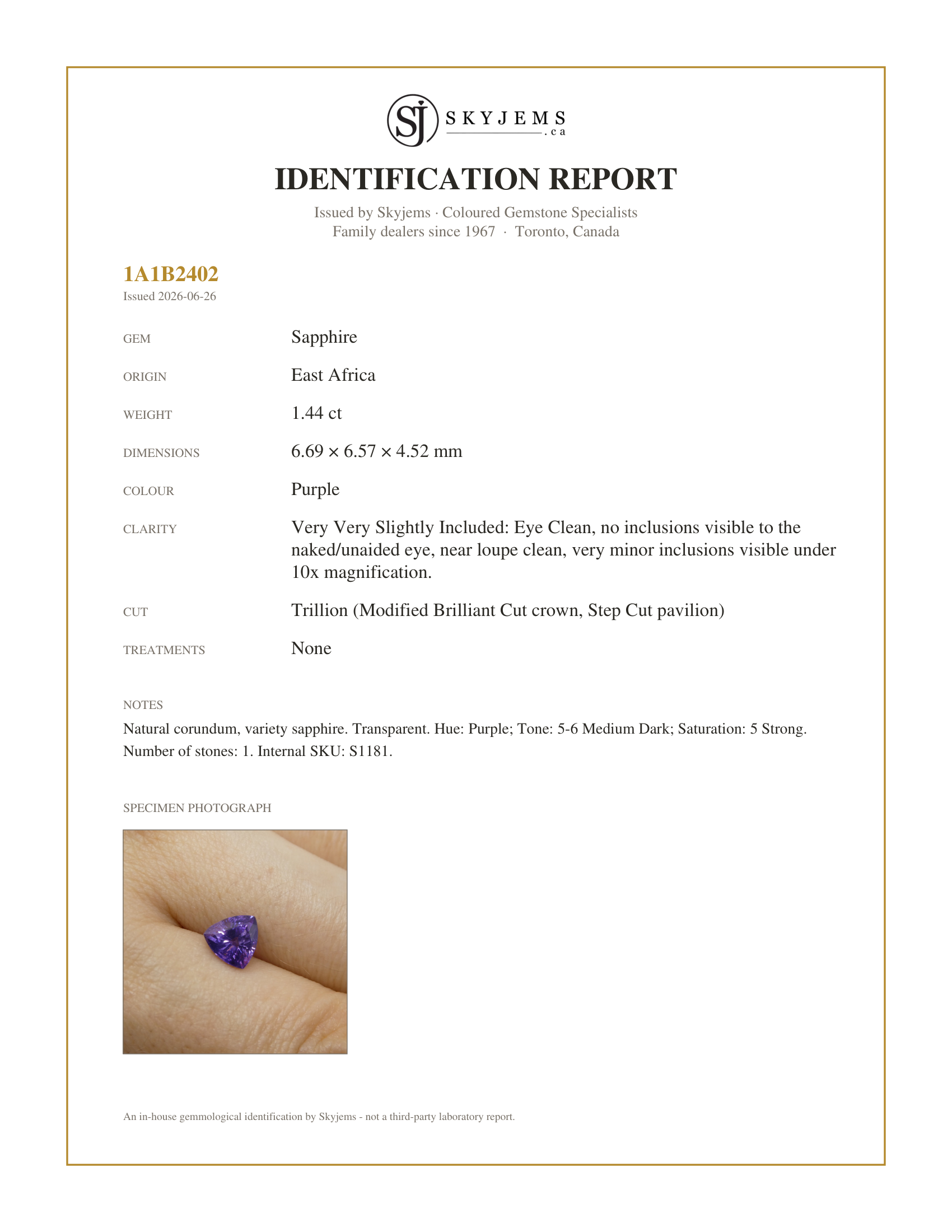 Skyjems Identification Report for S1181 — 1.44ct Trillion Purple Sapphire from East Africa, Unheated